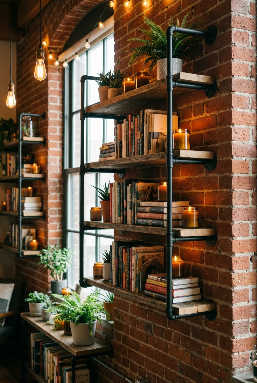 Medium shot of matte black industrial pipe shelving mounted against a rustic red brick wall, neatly stacked with books, 