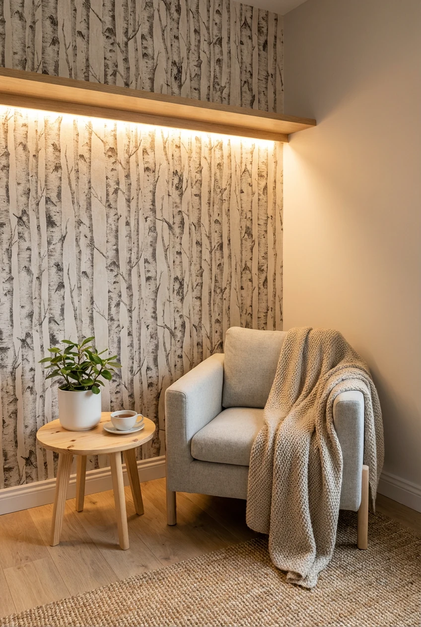 2. Medium corner-angle view of a Warm Nordic nook: birch-look peel-and-stick wallpaper focal wall behind a compact armch