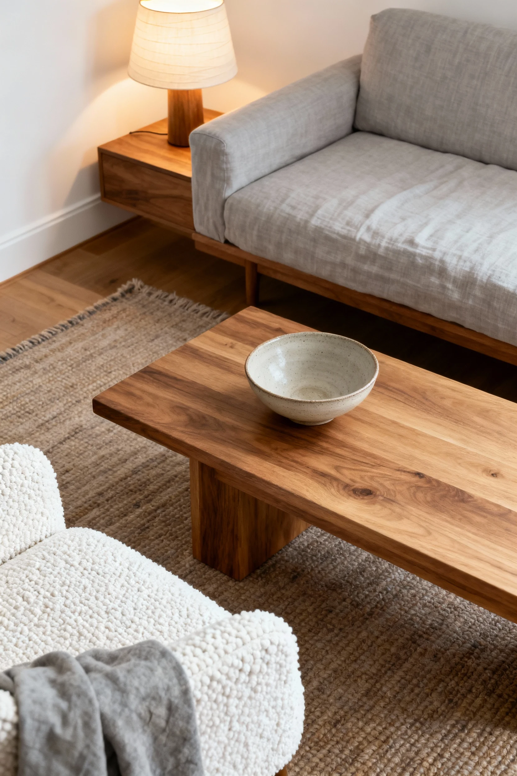 Photorealistic overhead detail close-up of Warm Wood Nordic Calm: light oak coffee table with a ceramic bowl beside a li