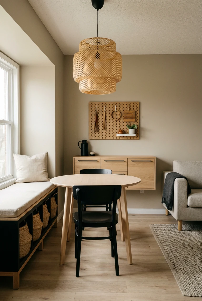 2. Medium straight-on shot of a Japandi window banquette: a KALLAX 1x4 on legs with a plywood top and a firm linen-wrapp