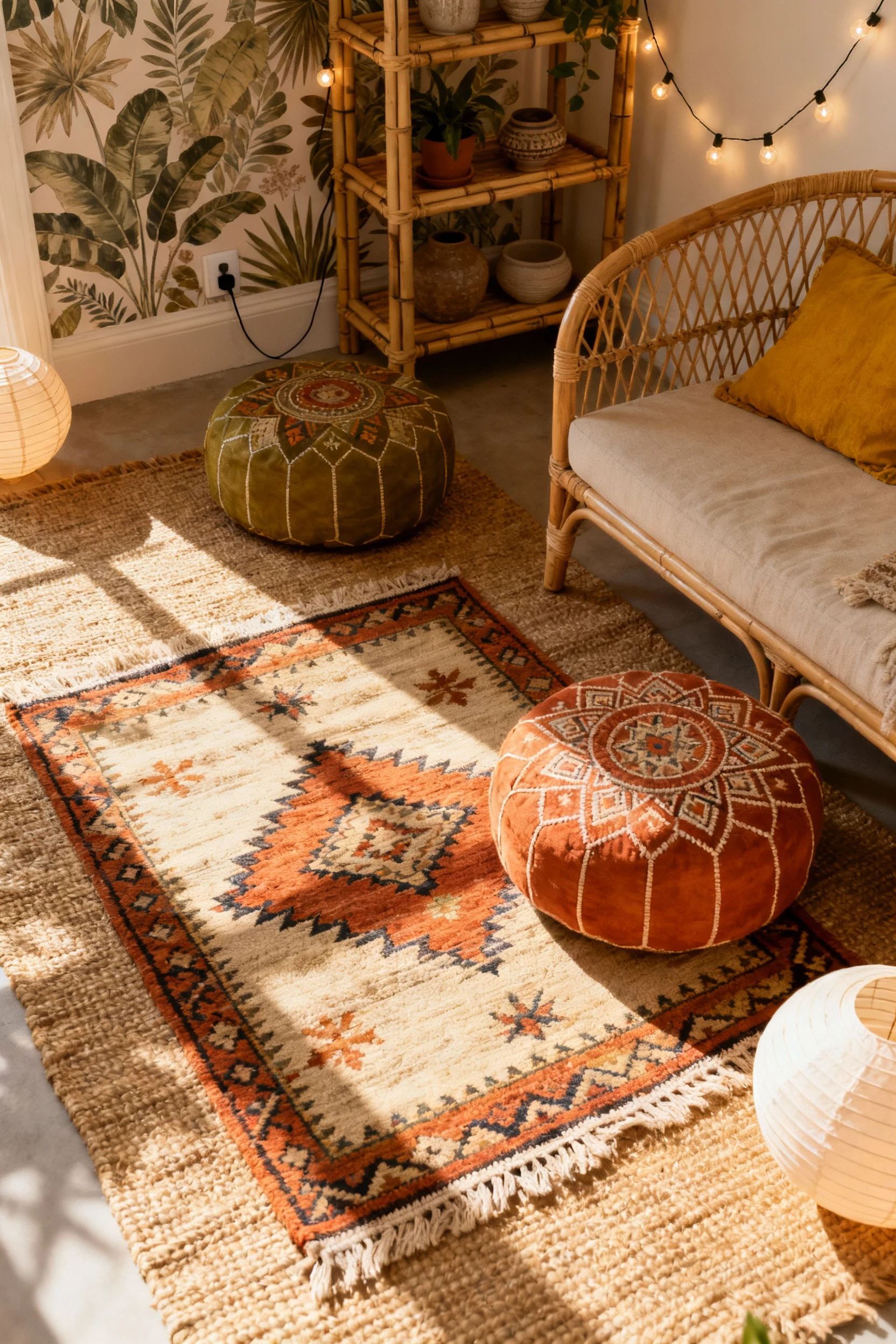 Overhead detail shot of a warm boho nook: sun‑washed terracotta, sand, mustard, and olive; layered jute rug topped with 