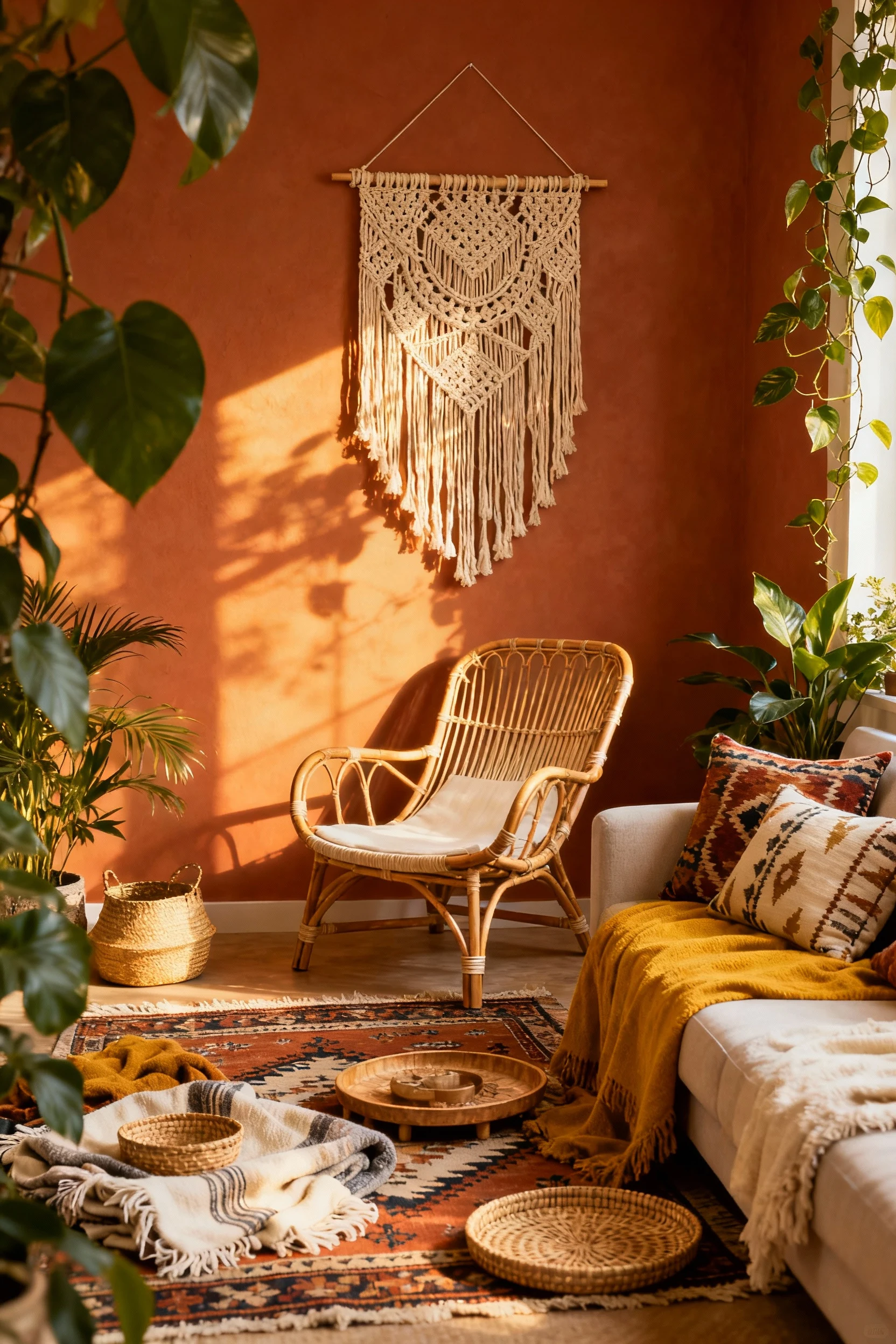 2. Medium corner-angle shot of a warm boho living nook in terracotta, mustard, and cream: rattan lounge chair beneath a 