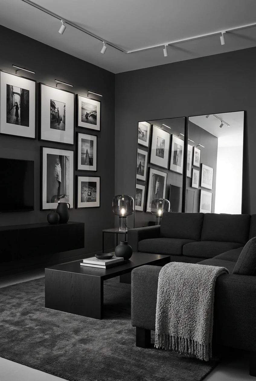 2. Medium corner view, photorealistic, of a Moody Monochrome gallery-style living room with charcoal walls and a low gra