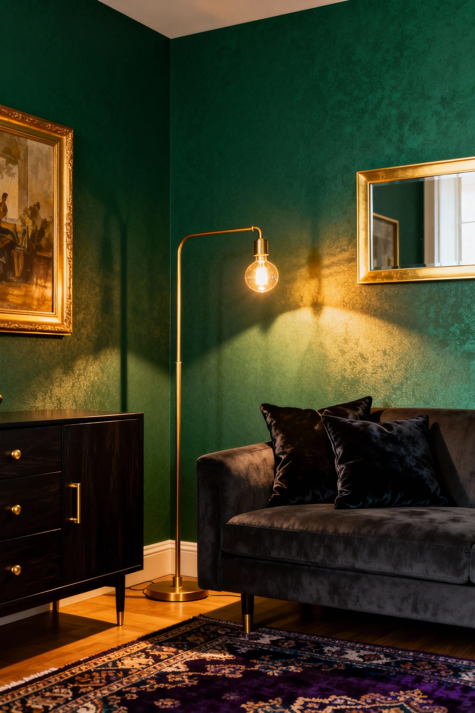 Photorealistic medium corner view of a small moody jewel box room: emerald peel-and-stick wallpaper, velvet throw pillow