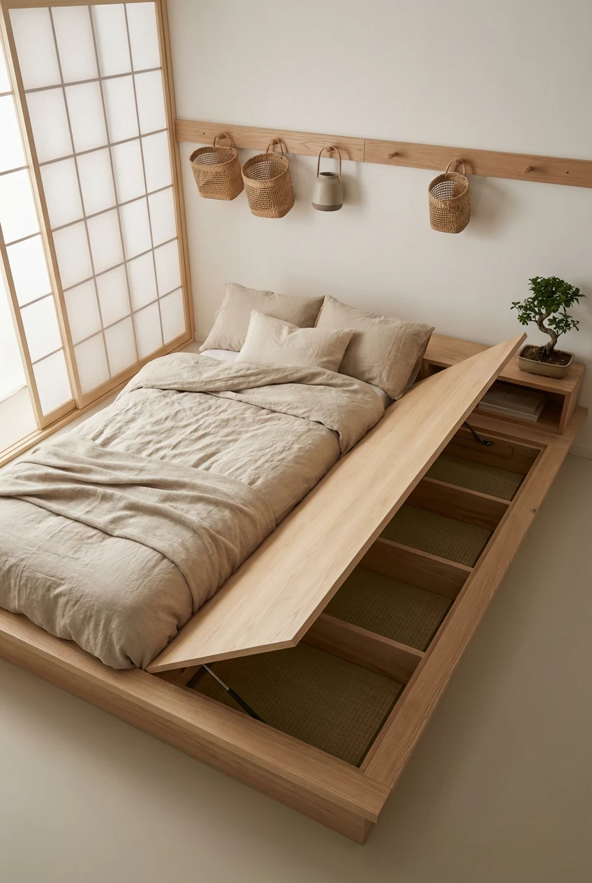 2. Detail overhead shot of a Japandi ash-wood platform bed with a lift-up panel open to reveal tatami-style storage comp