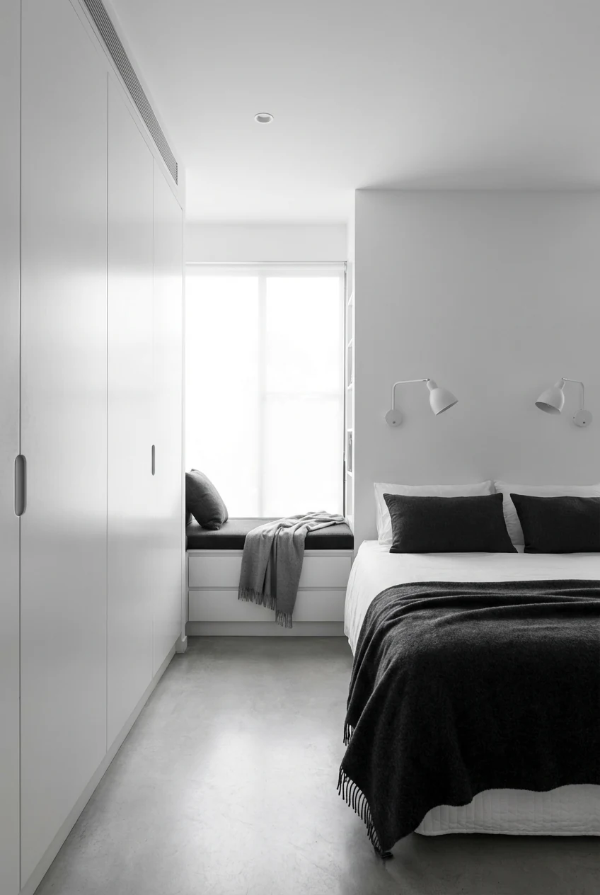 2. Medium corner-angle photorealistic shot of a crisp monochrome bedroom: a floor-to-ceiling matte white wardrobe with i