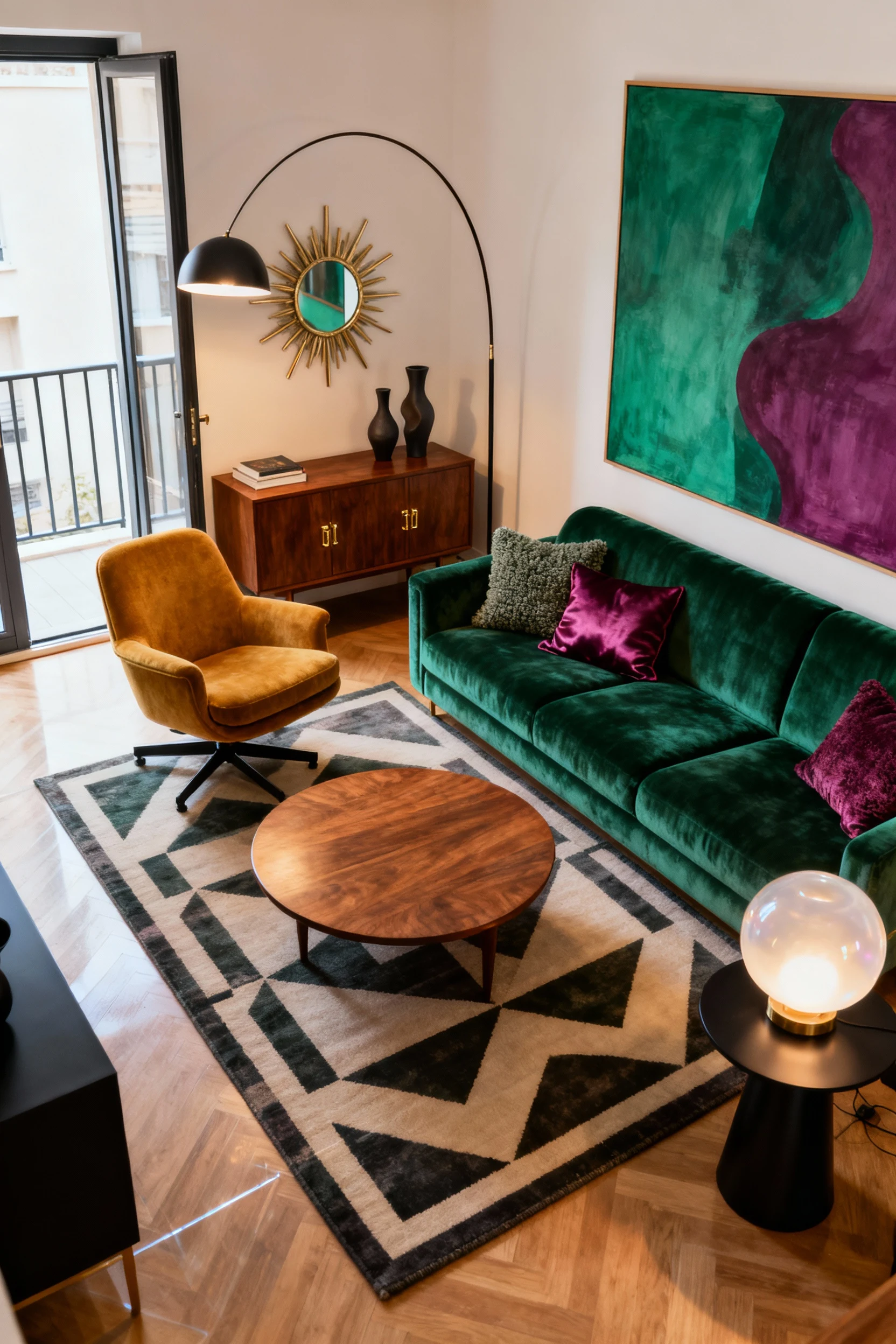 Photorealistic medium corner-angle shot of an electric mid-century jewel box living room: emerald green velvet sectional