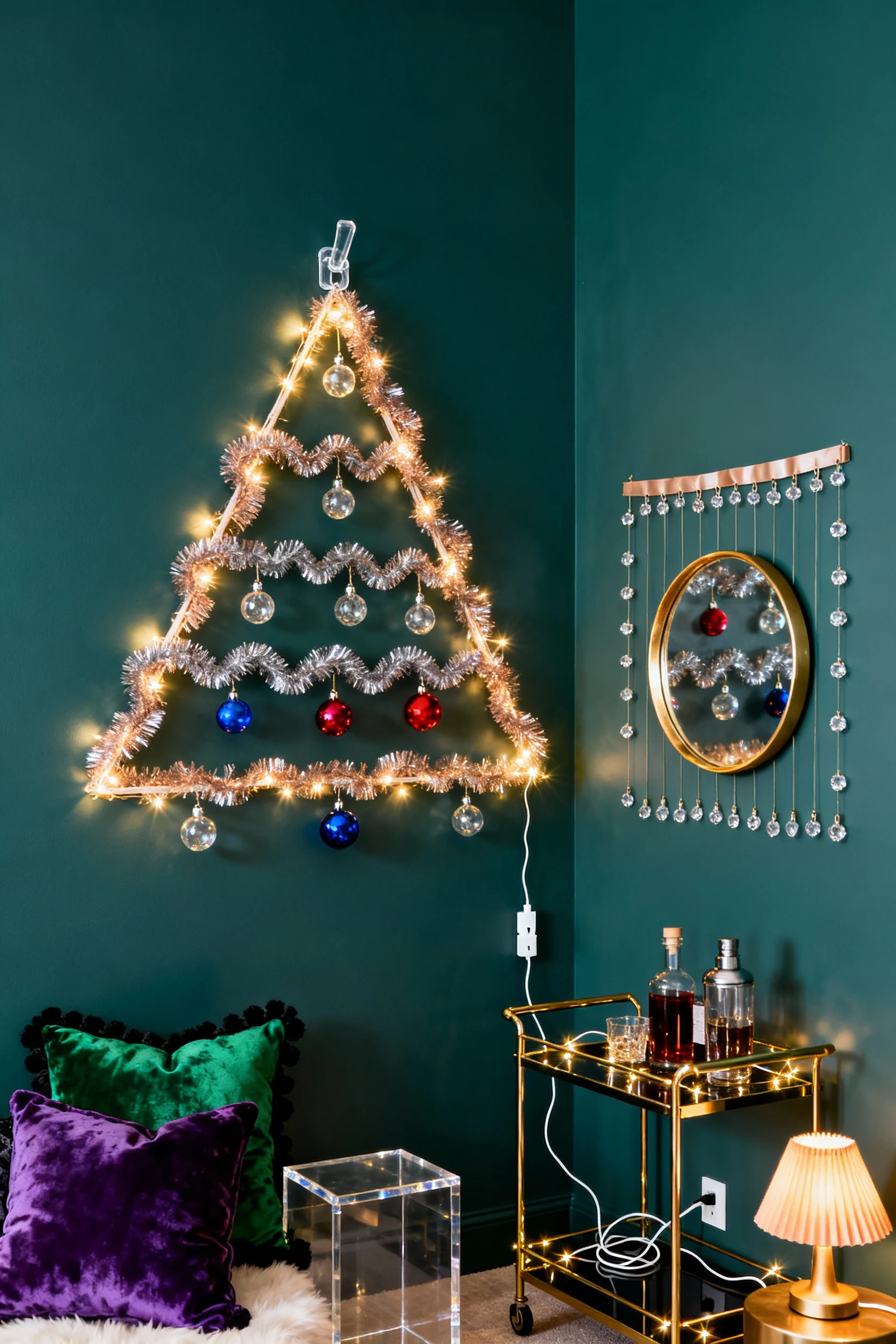 2. Medium corner shot of a jewel-tone glam studio nook with a wall-mounted ornament tree: metallic garland zigzagged int