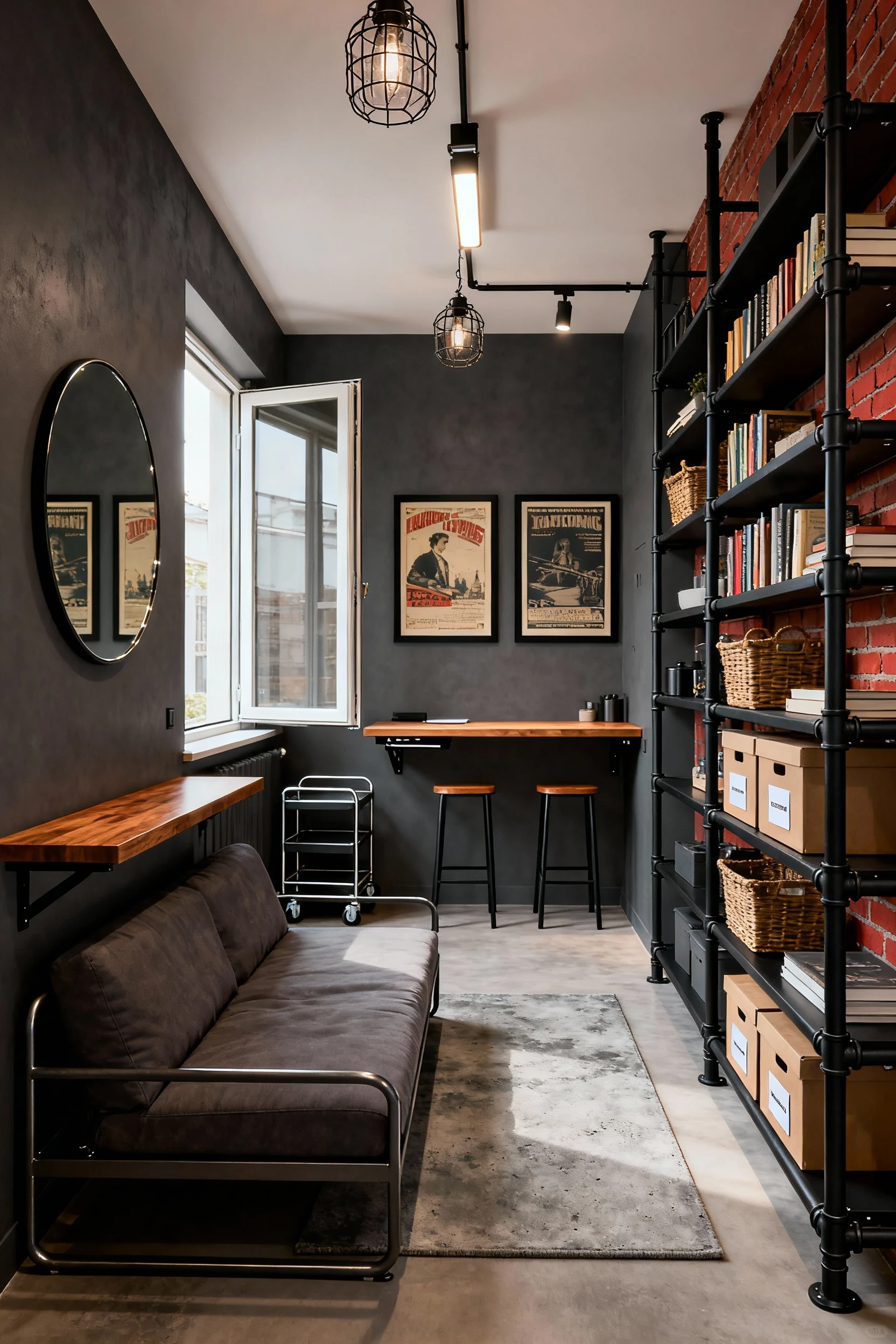 Photorealistic straight-on wide shot of an industrial micro-loft in charcoal, warm walnut, and brick-red hints with matt