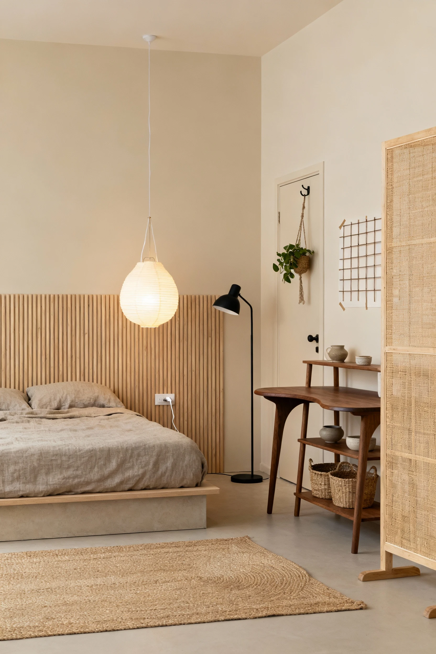 Photorealistic straight-on medium shot of a Japandi nook: a low platform bed in stone-washed linen set against a narrow 