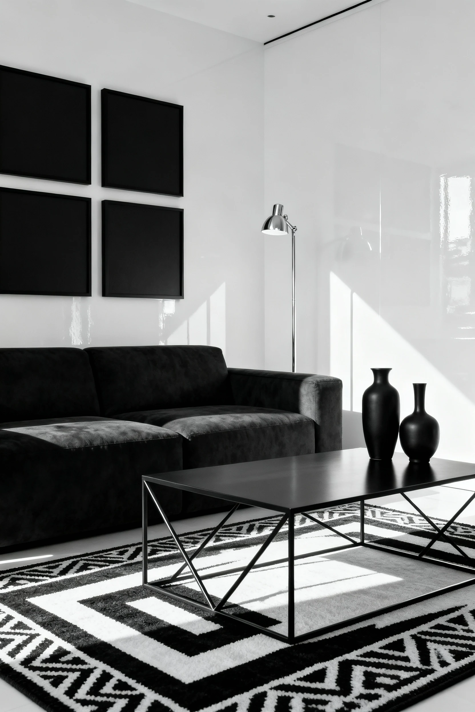 Medium shot of a bold monochrome minimalist living room corner, showing a deep charcoal sectional against a glossy white
