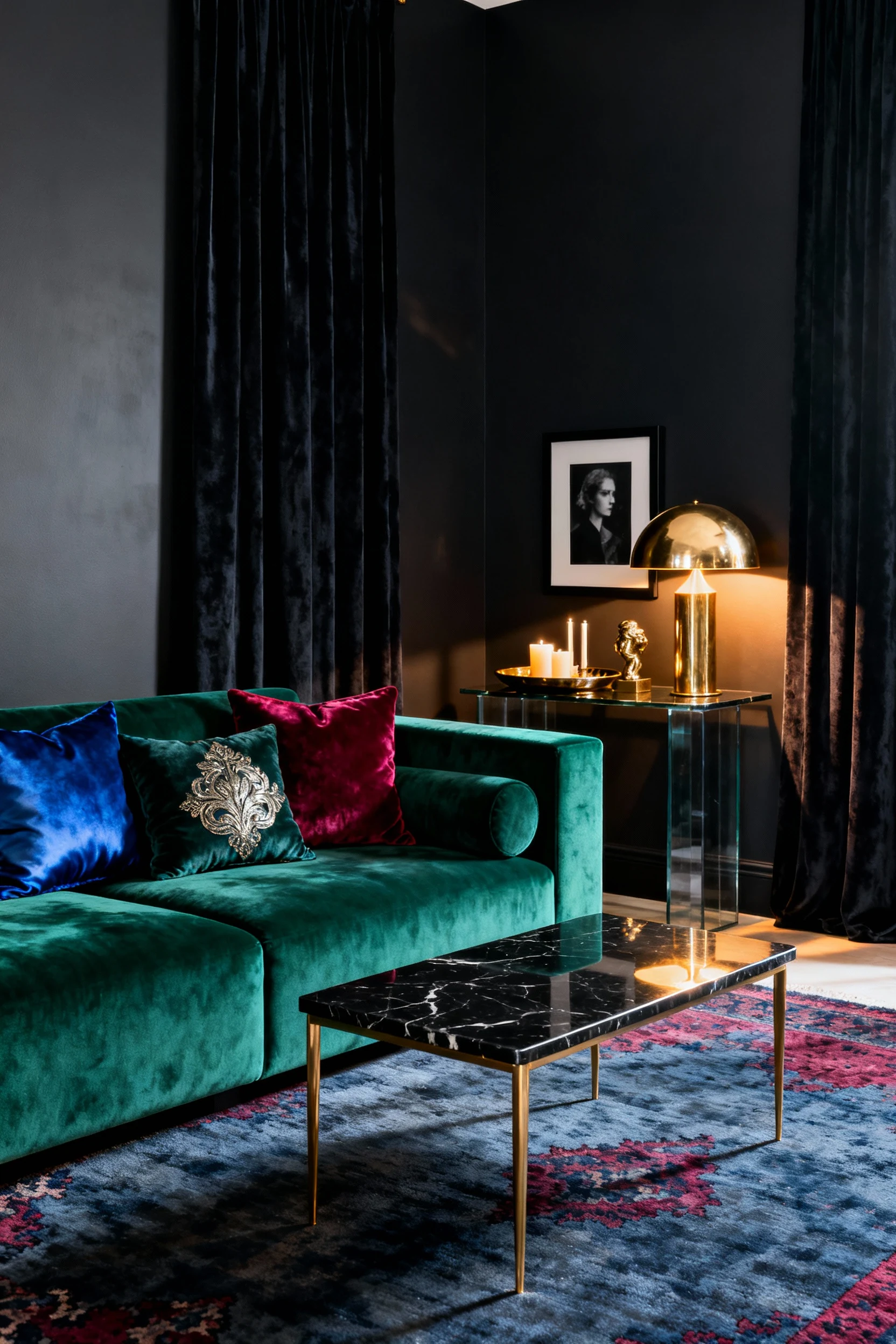 Photorealistic wide, straight-on shot of a moody lounge with deep charcoal walls: an emerald velvet sofa with square arm