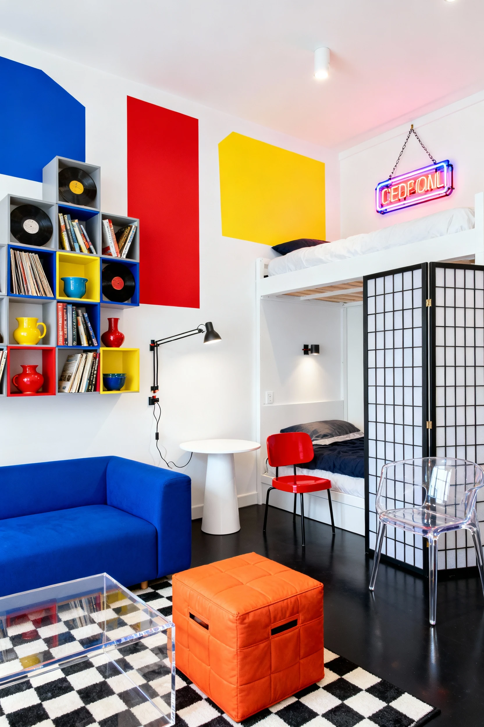 Corner-angle medium-wide shot of a crisp white micro loft with peel-and-stick color-blocked shapes in electric cobalt, t