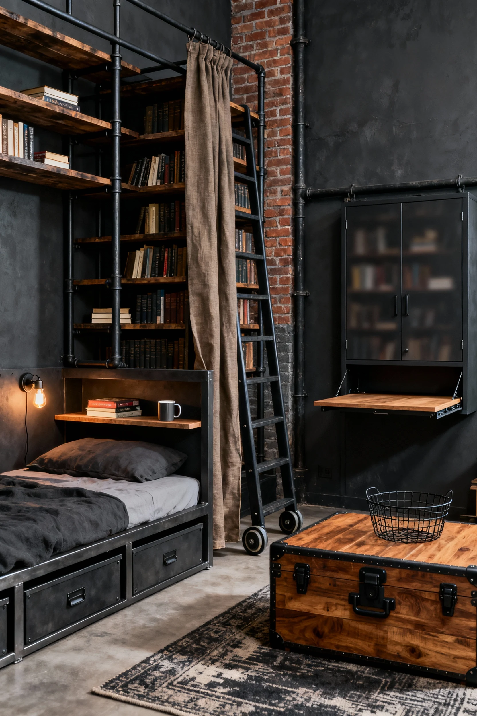 Photorealistic medium shot from a moody corner of an industrial micro-library: charcoal walls, a faux brick accent, and 