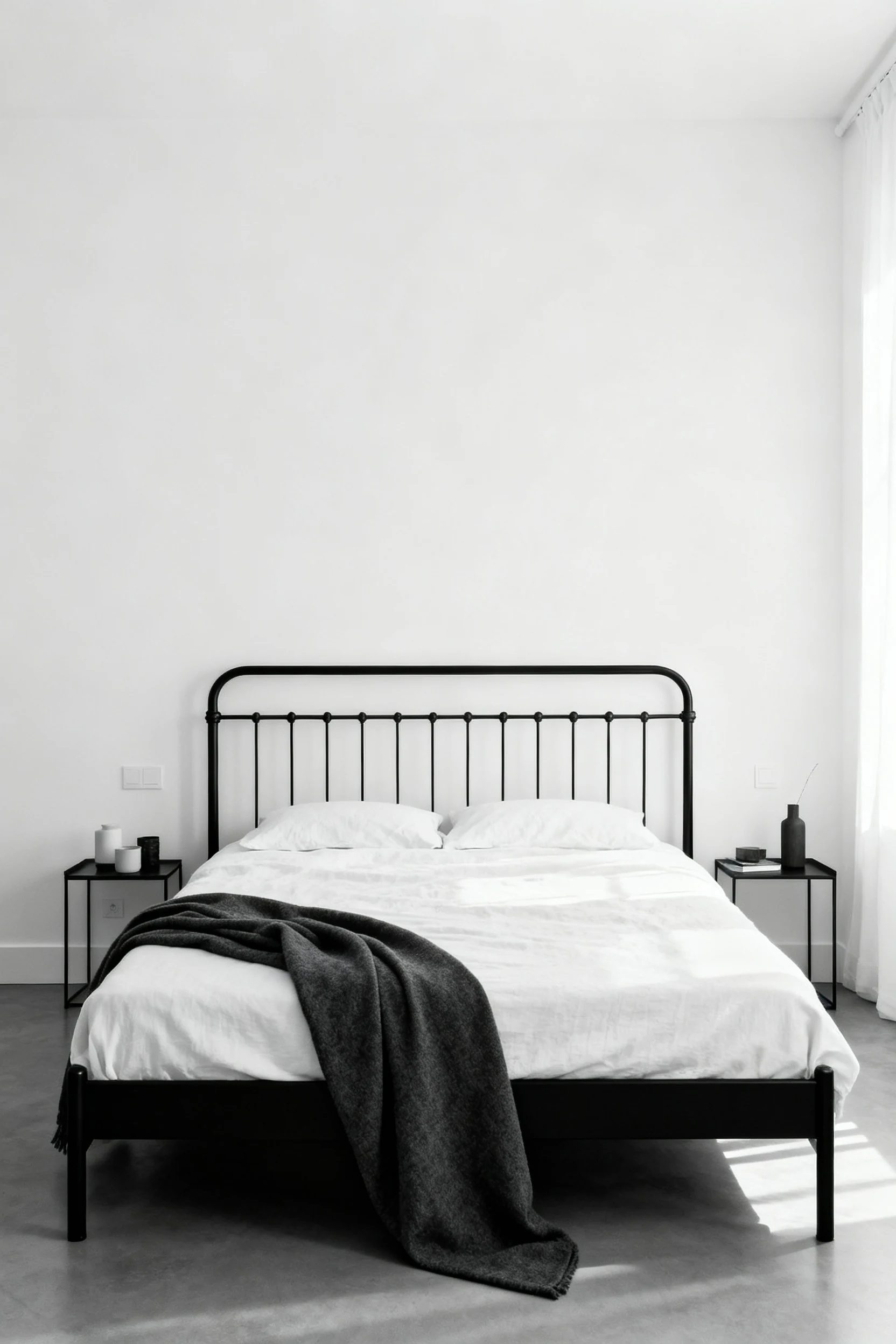 Straight-on medium shot of a minimalist monochrome bedroom area featuring crisp white walls, a black metal bedframe, and