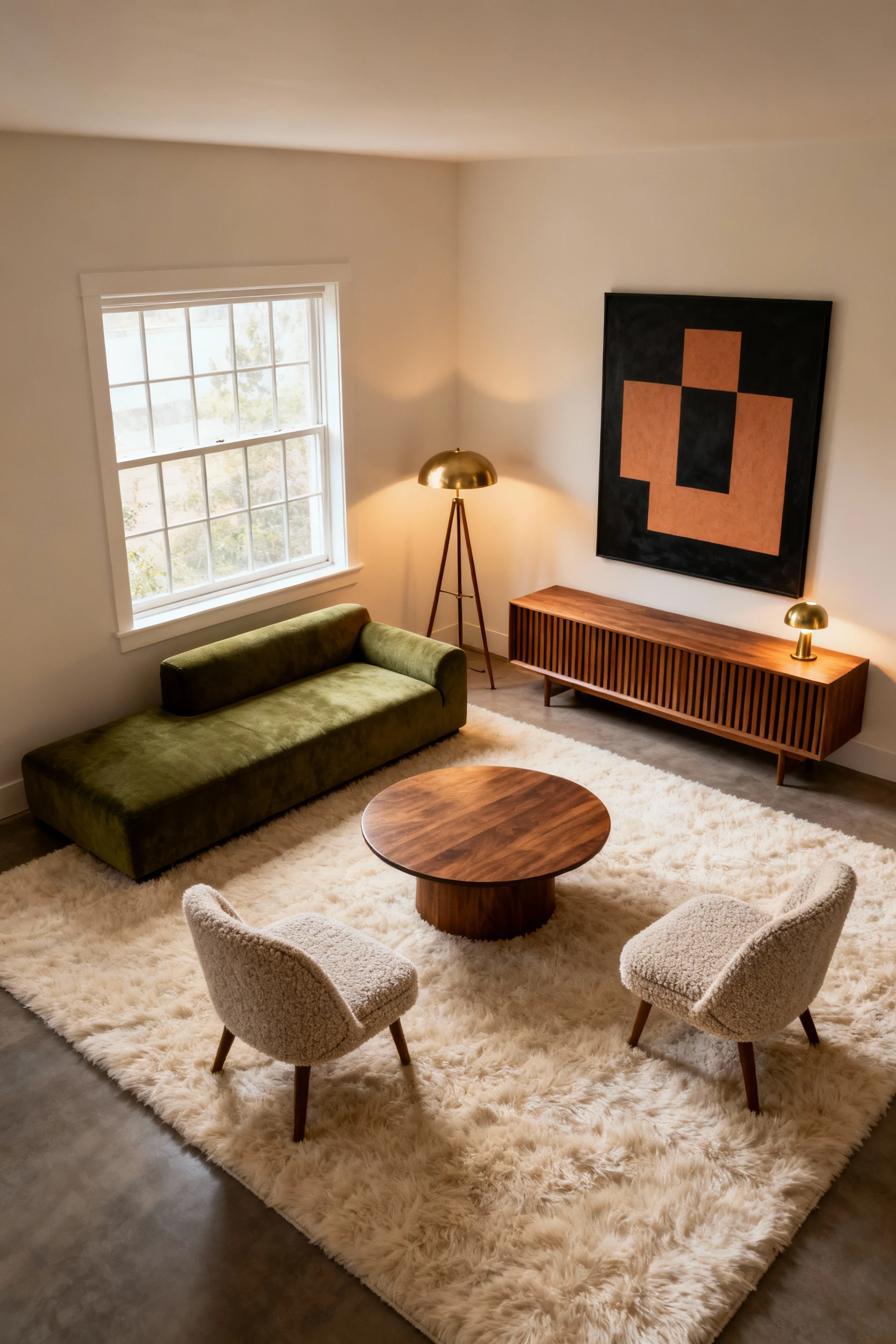 2. Photorealistic medium shot, straight-on conversation nook: low-slung mossy green L-shaped sectional (short side under