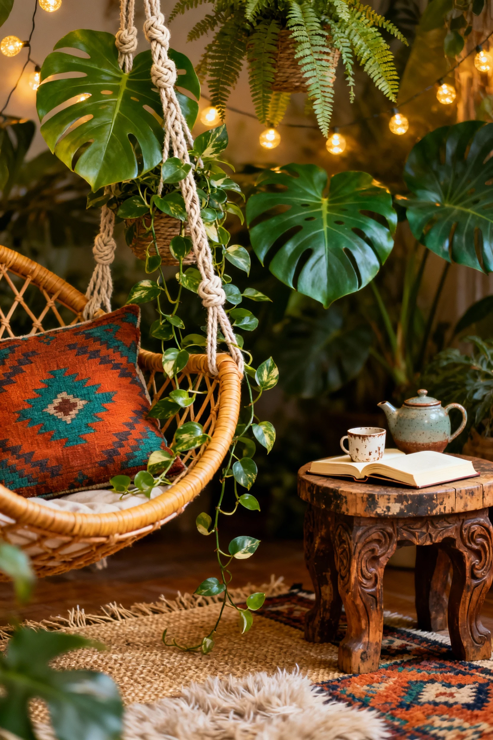 2. Detailed closeup of cascading monsteras, ferns, and pothos in macramé hangers under warm string lights; edge of a wov