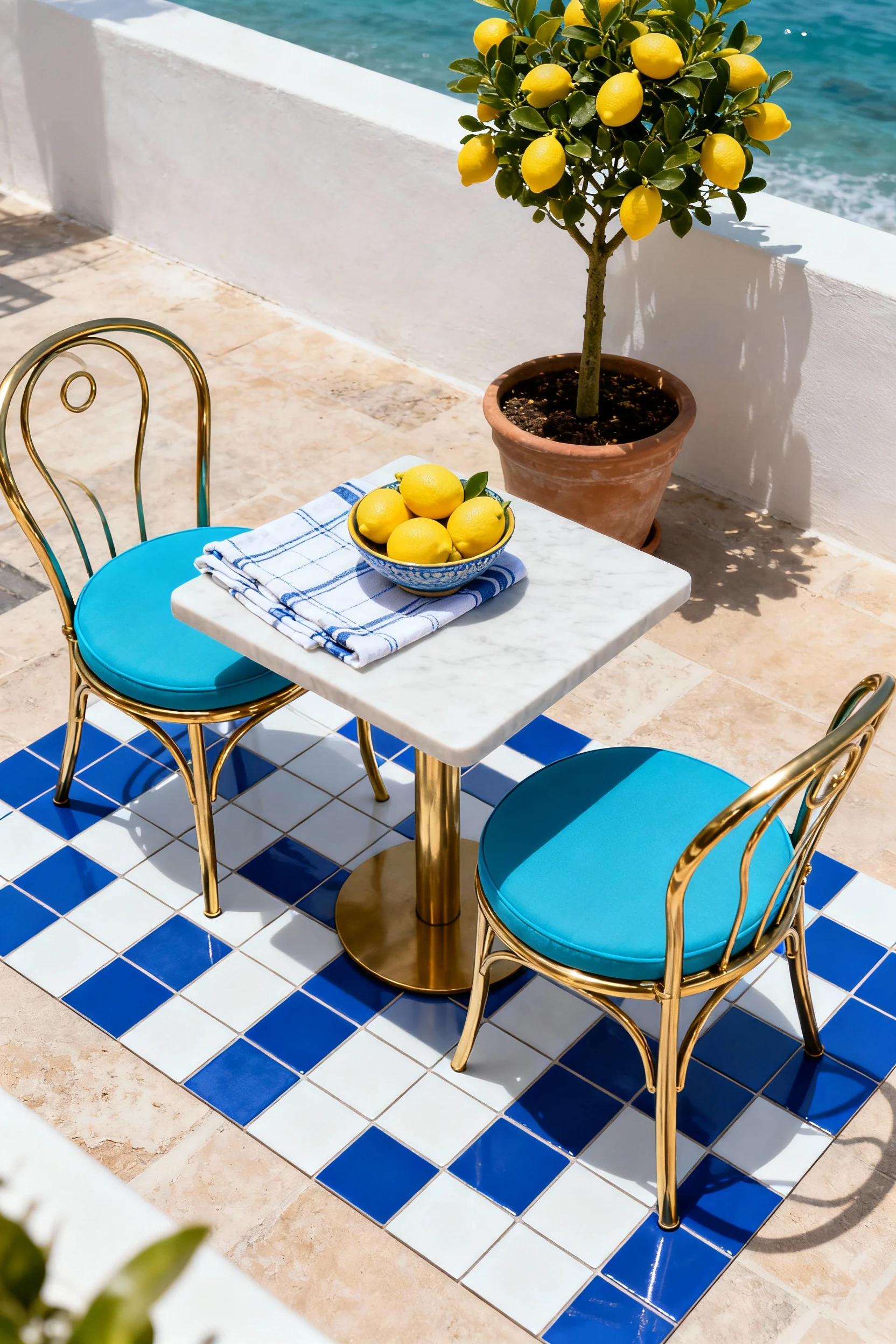 Photorealistic overhead detail shot of a Mediterranean tile bistro: cobalt-and-white peel-and-stick tile rug defining th