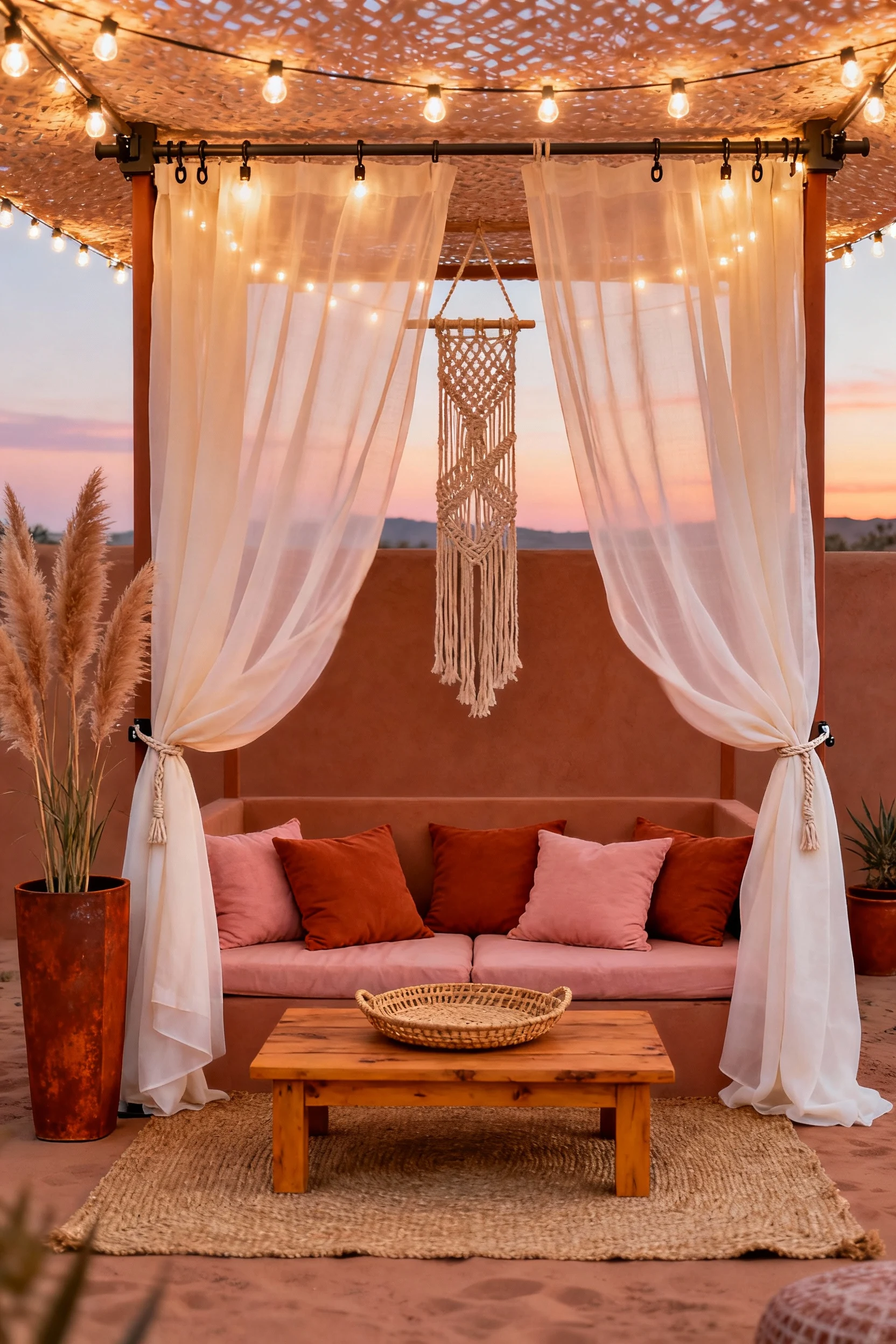 Photorealistic medium, straight-on view of a breezy boho curtain cabana: tension-mounted rods holding double-layer cream