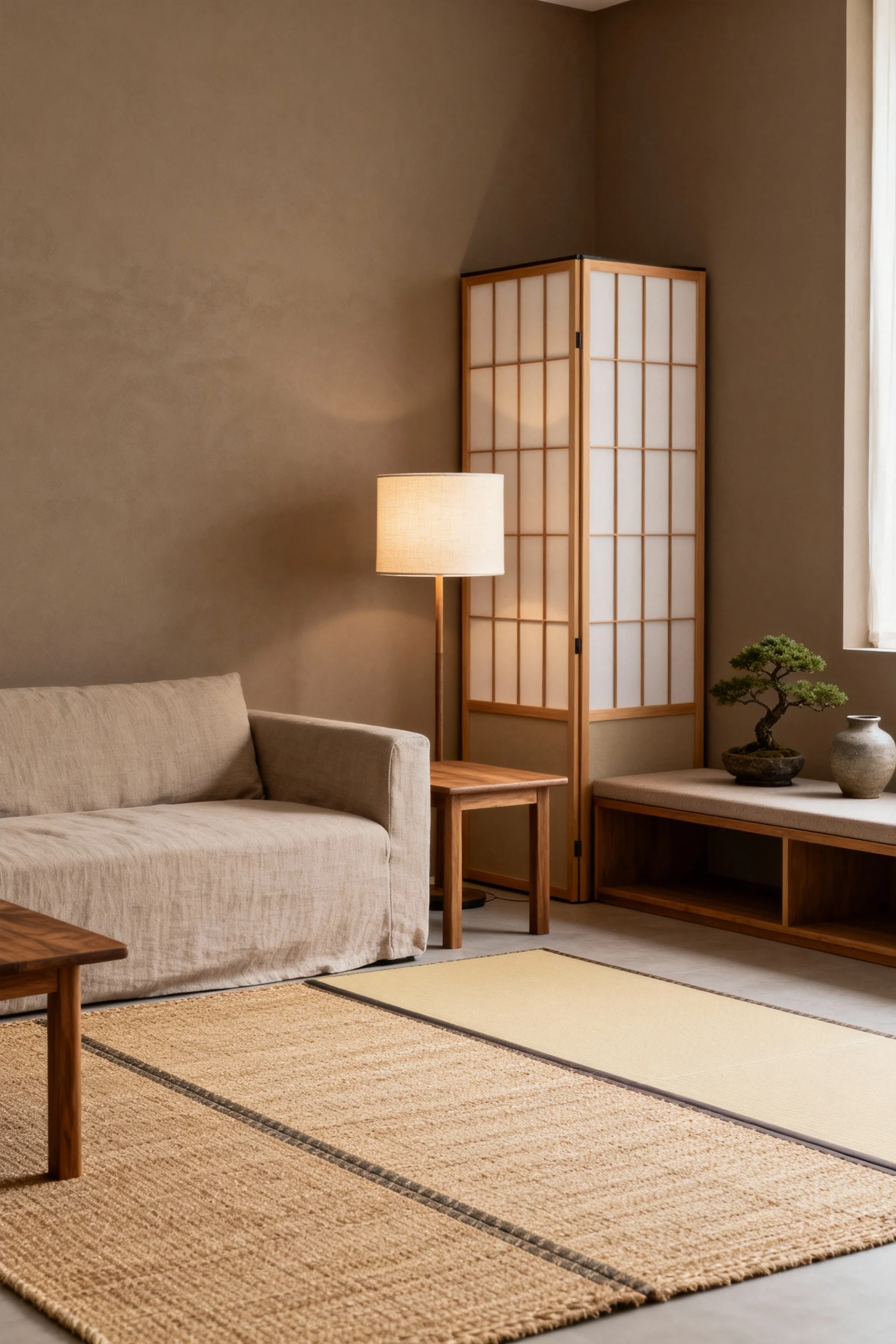 Photorealistic medium straight-on view of a Japandi living zone with mushroom taupe walls, a low-profile linen sofa flan