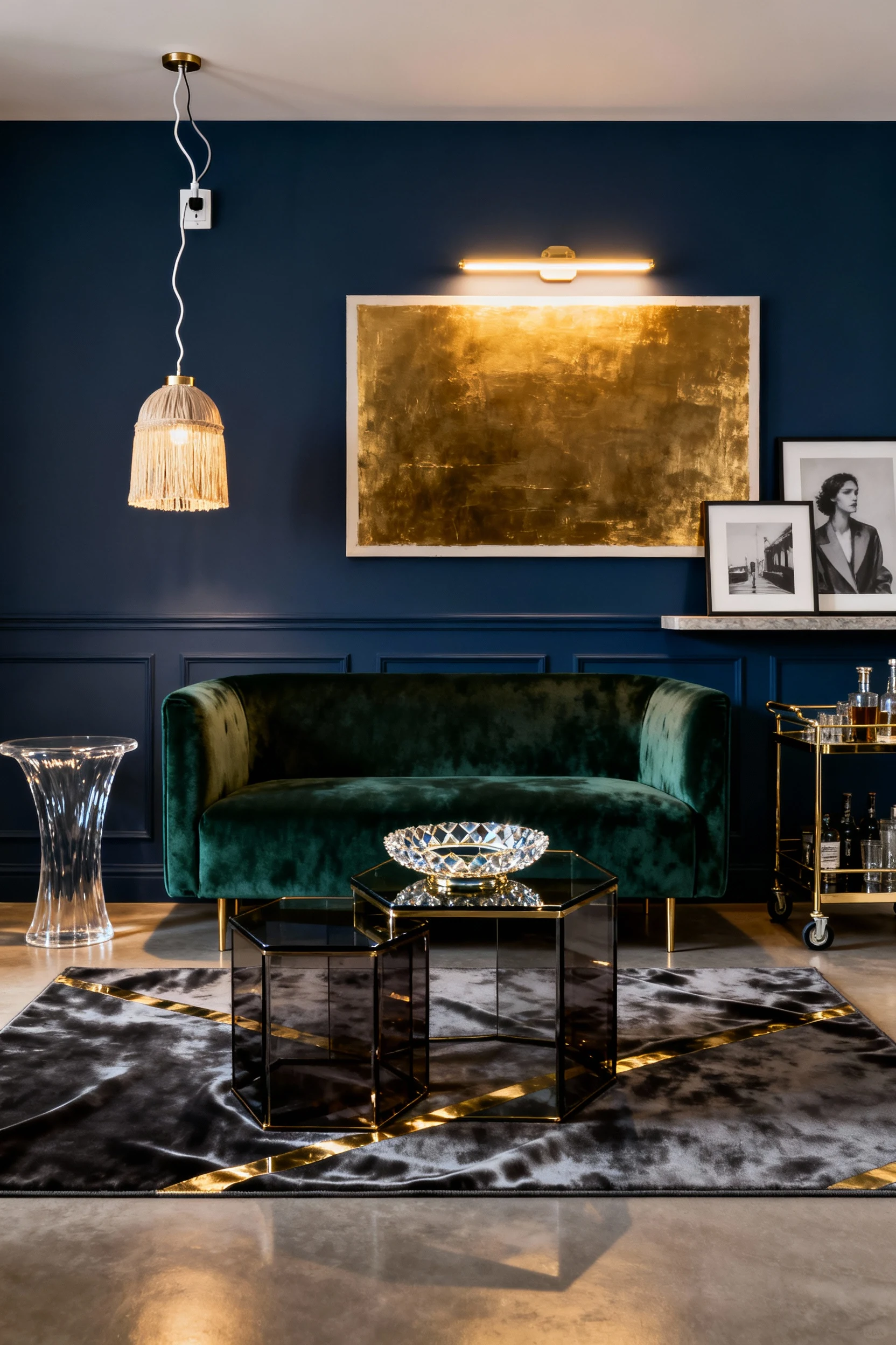 Photorealistic medium straight-on shot of a jewel-box glam lounge: midnight blue peel-and-stick paneling behind a deep e