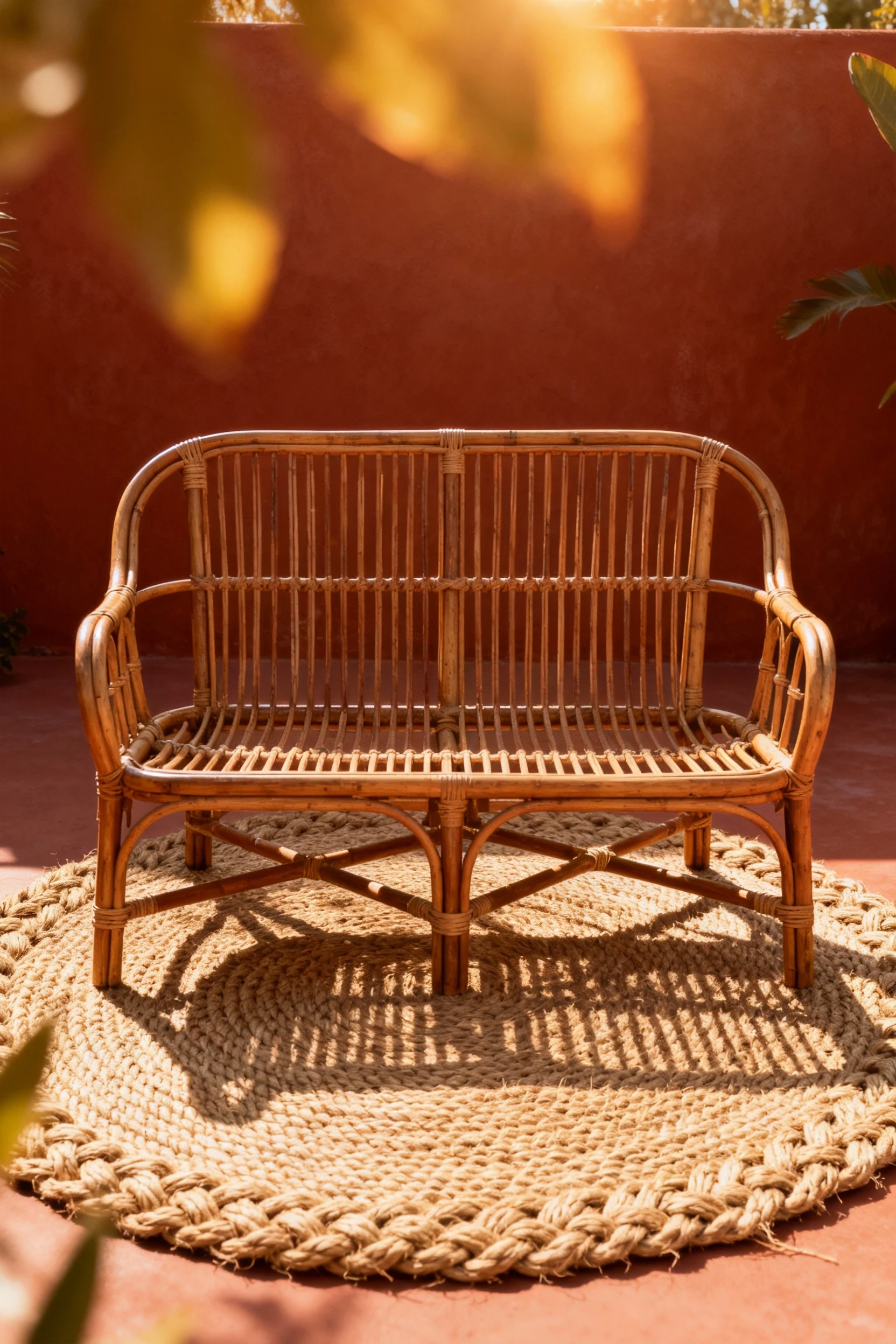 Photorealistic medium straight-on vignette: a rust-toned scene with a rattan loveseat centered on a chunky jute rug; war