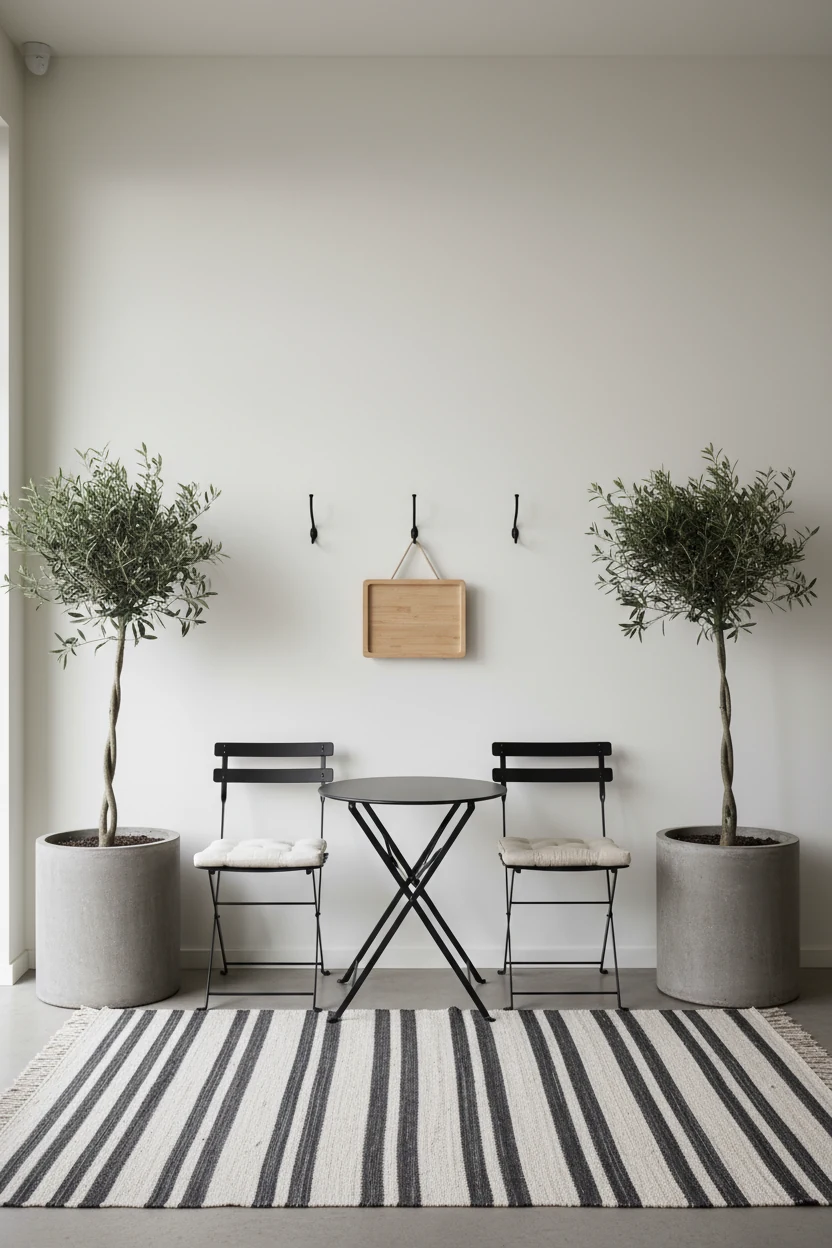 Photorealistic wide straight-on shot of a minimalist café corner: a matte black bistro set with neutral linen seat pads,