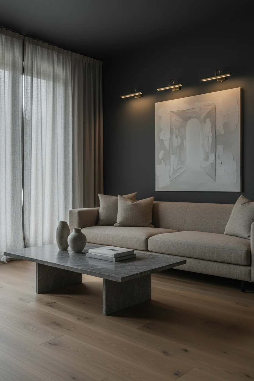 Photorealistic medium corner-angle shot of a moody lounge, no people: charcoal walls and natural oak floors, low-profile