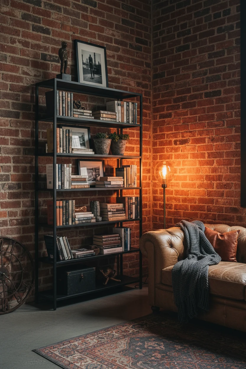 Medium shot of an industrial loft corner showing exposed brick walls, black metal shelving filled with books and decor, 