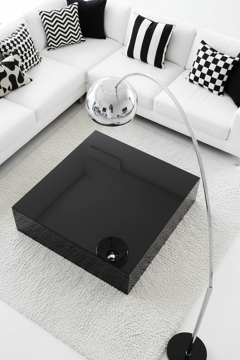 Overhead shot of a glossy black coffee table on a white area rug, sharply contrasting against the white sectional sofa, 