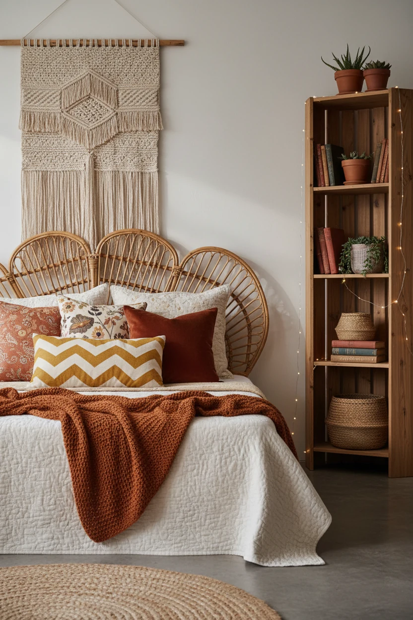 Medium shot of a boho chic bed with rattan headboard, macrame wall hanging above, mismatched patterned pillows in warm e