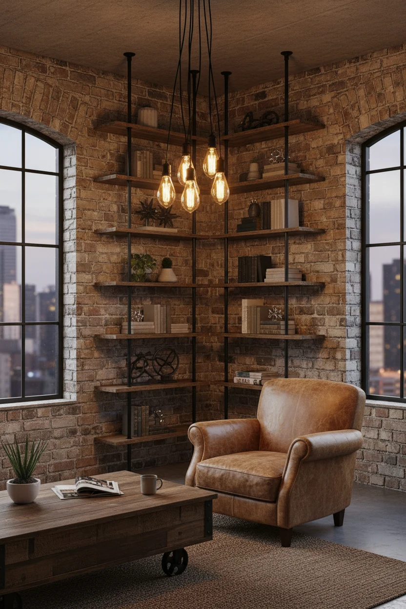 Medium corner view of an urban industrial apartment featuring exposed brick wall, dark wood shelving with metal frames, 