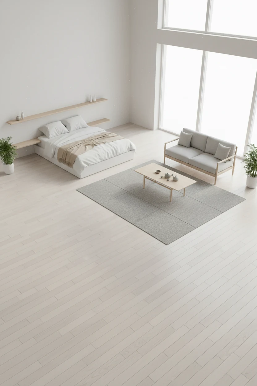 Overhead view of an airy minimalist studio layout featuring pale wood floors, a low white platform bed against one wall