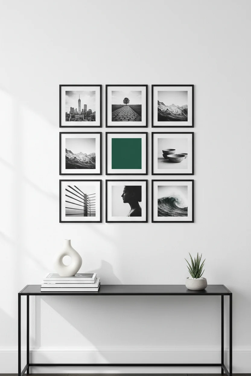 Straight-on medium shot of a sleek peel-and-stick gallery wall on a crisp white surface, featuring black frames with gra
