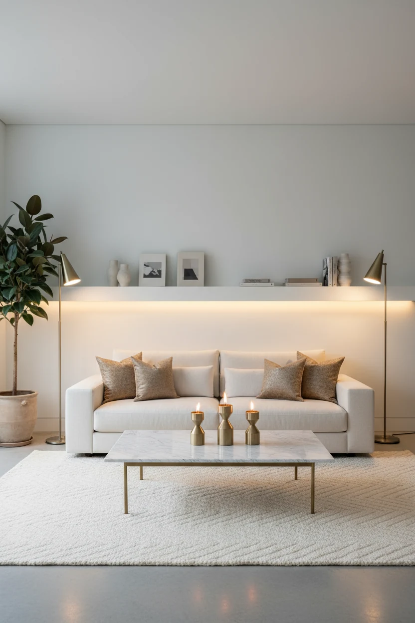 Medium shot of a modern minimalist lounge with crisp white walls, a low-profile cream sofa, warm taupe and muted gold ac