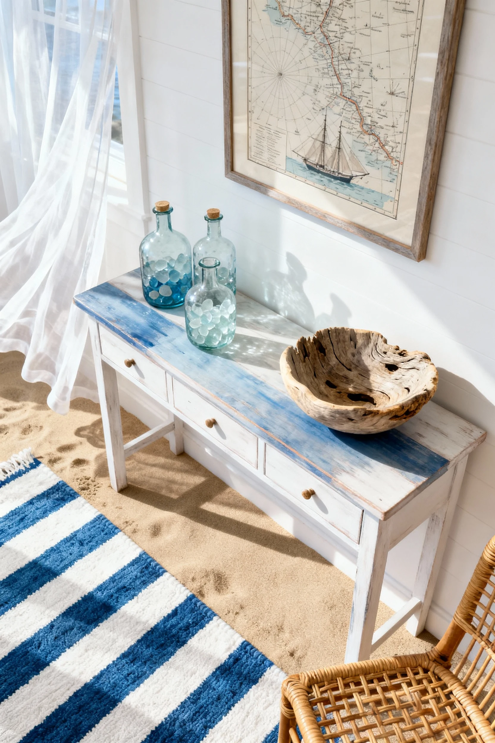 3. Detail closeup, overhead, photorealistic: a coastal console styled with sea glass bottles, a driftwood bowl, and a fr