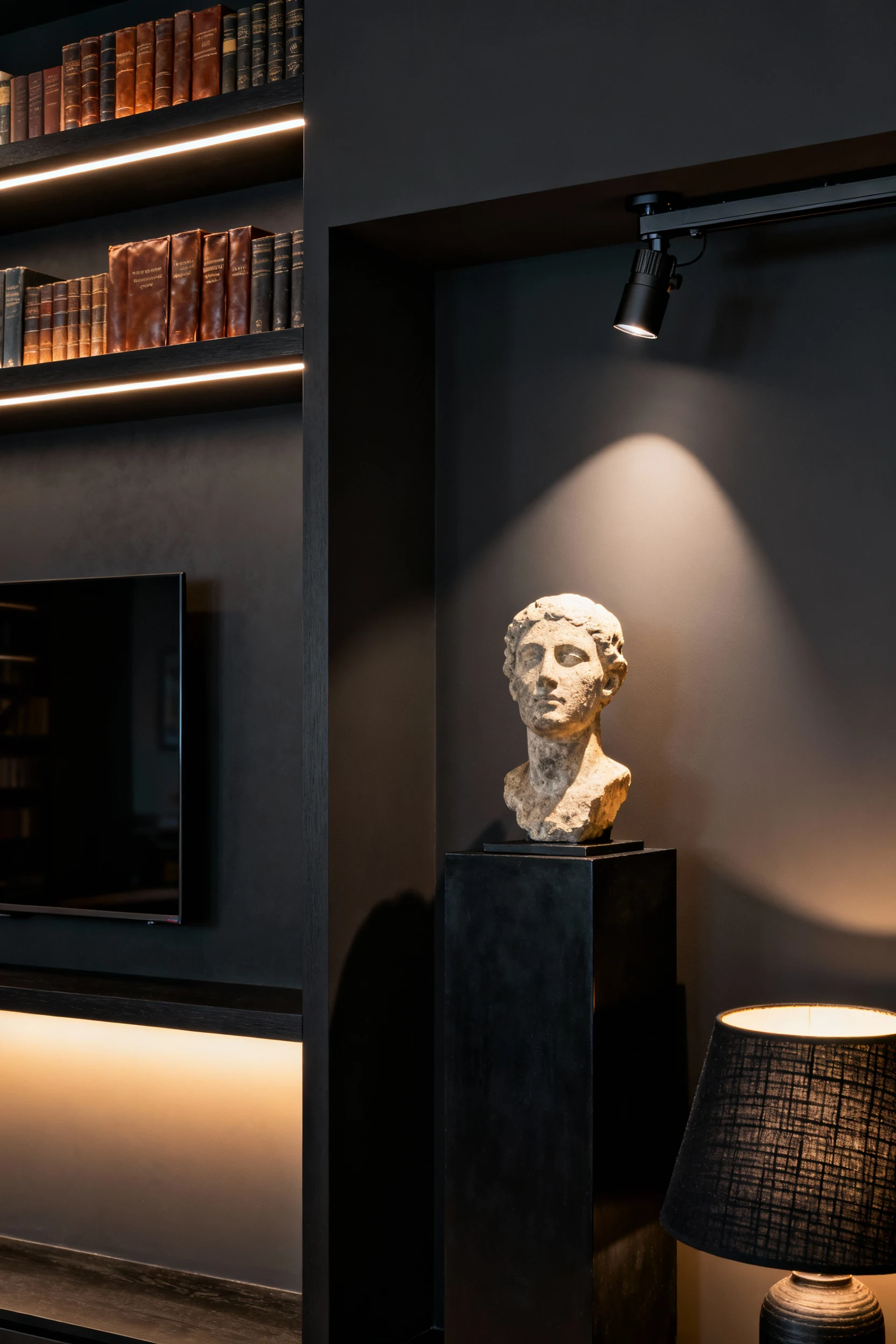 Photorealistic closeup, moody gallery vibe: a stone sculpture on a pedestal lit by a discrete uplight, against charcoal