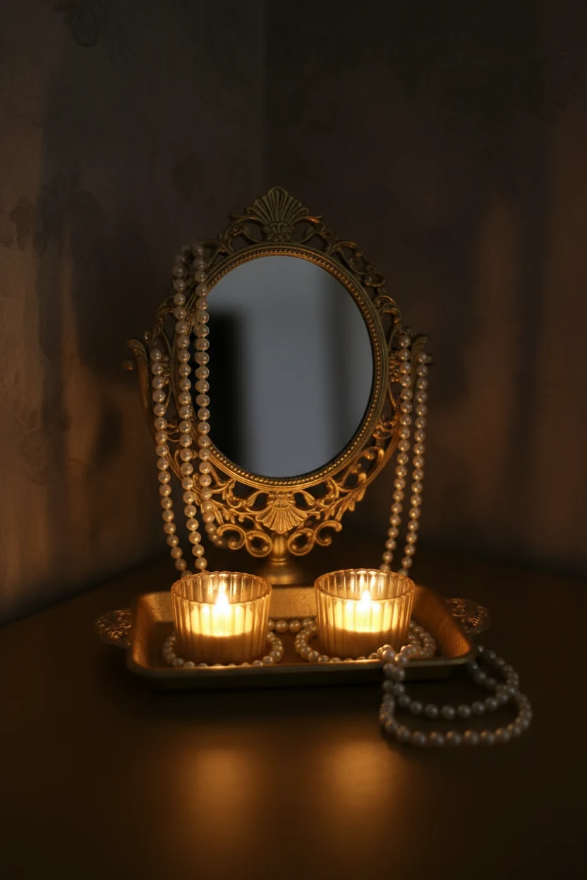 Closeup detail of a glamorous gold vanity corner showing a small mirror, a plastic tray and candle holders all evenly co