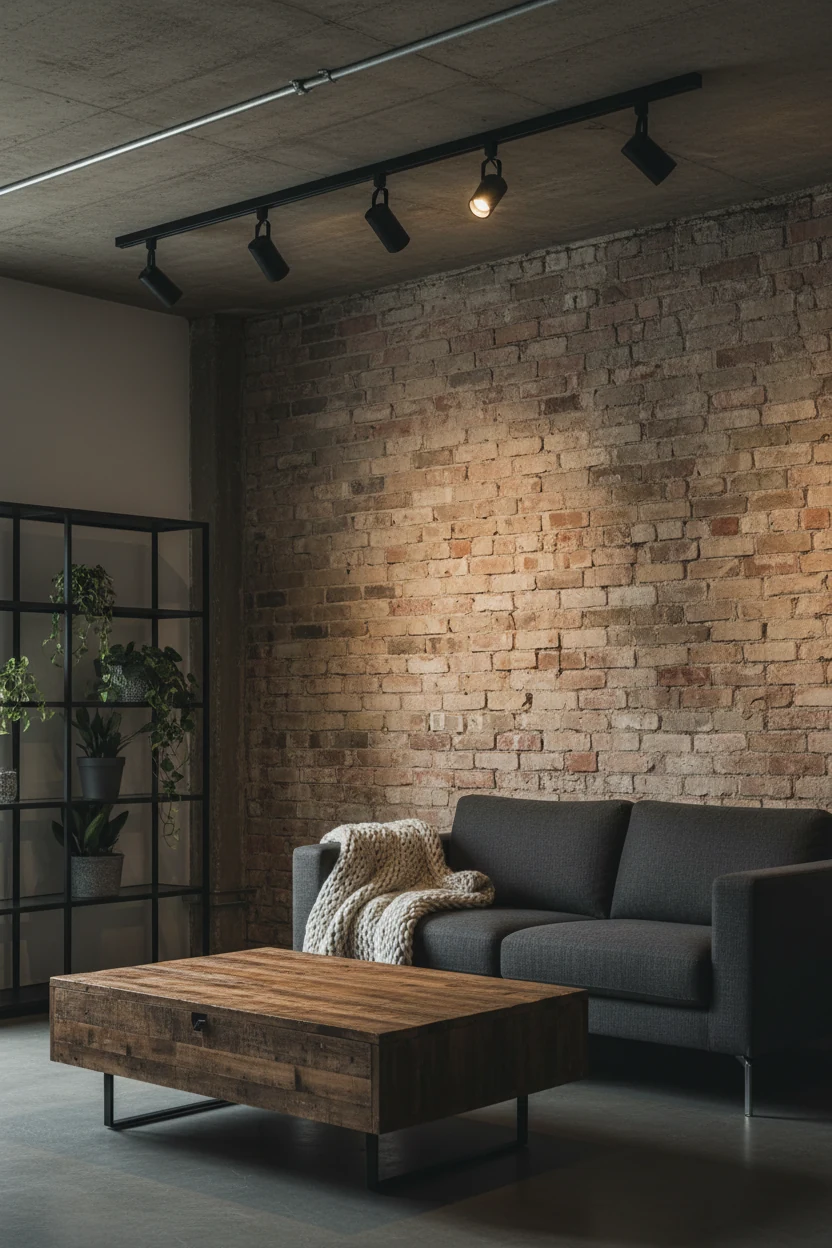 Medium shot of an industrial loft corner with exposed brick wall and matte black track lighting mounted to the ceiling, 