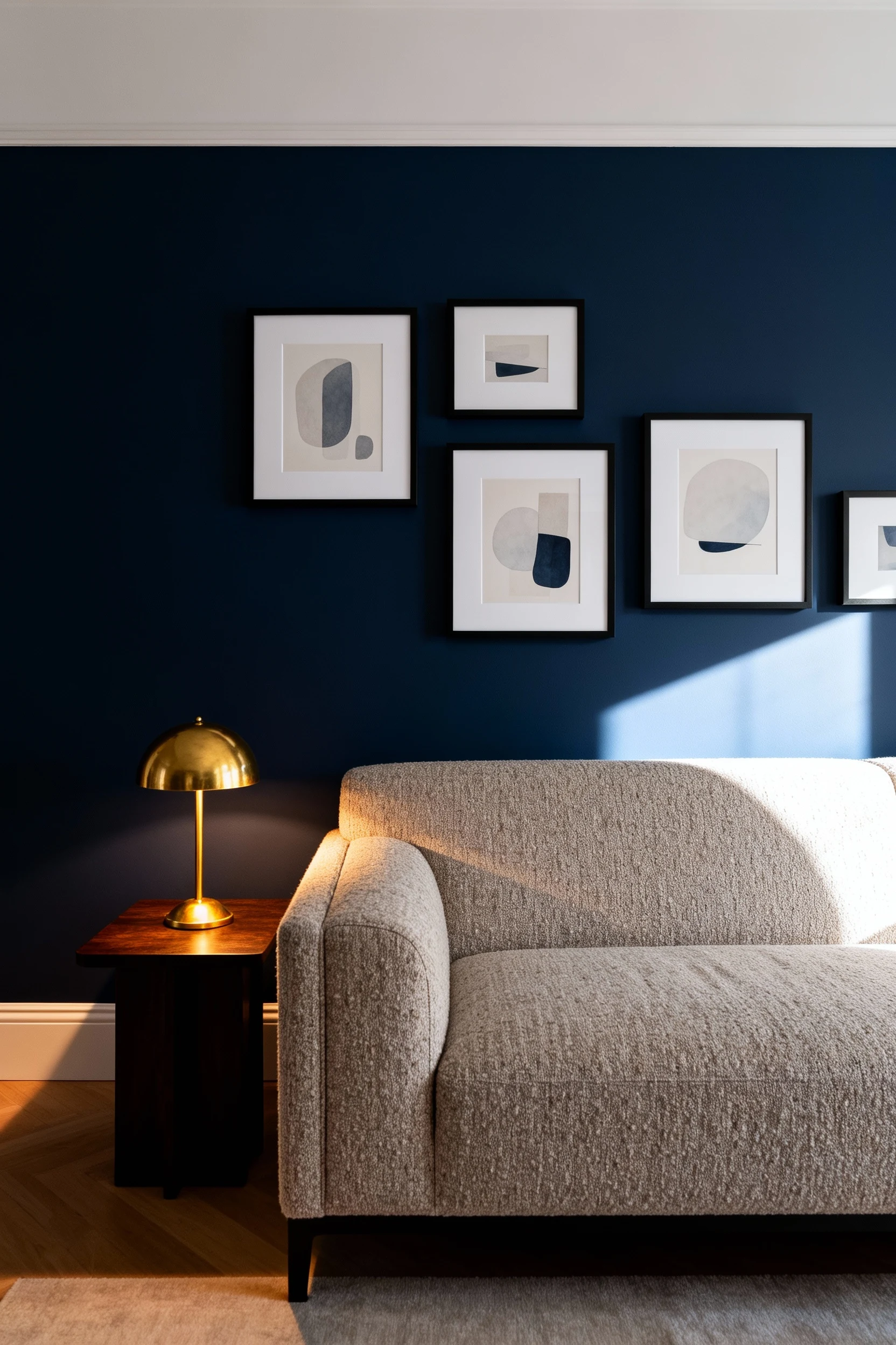 Wide straight-on room shot, photorealistic: a sofa against a deep navy wall, a small brass lamp on a side table casting 