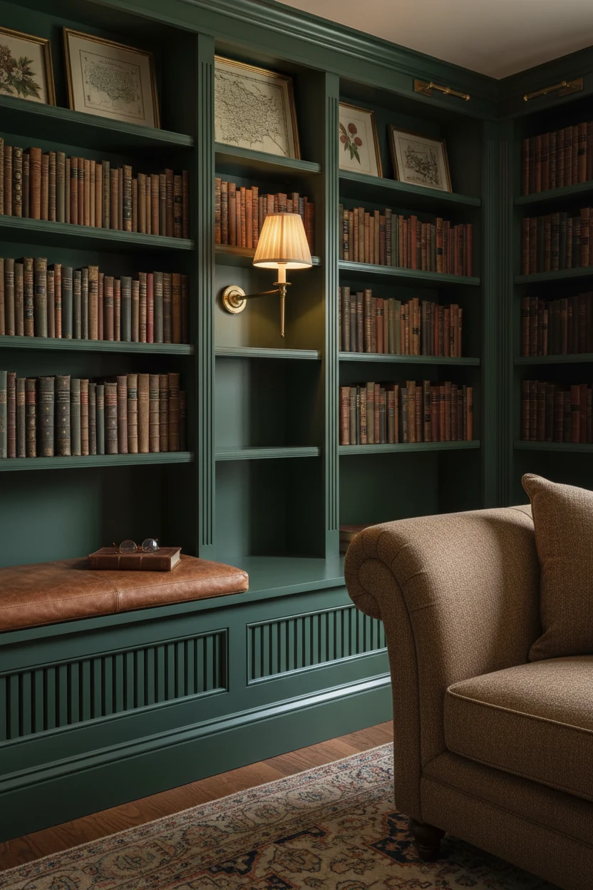 3. Photorealistic detail closeup of a bottle-green heritage library nook: beadboard-front radiator cover transformed int