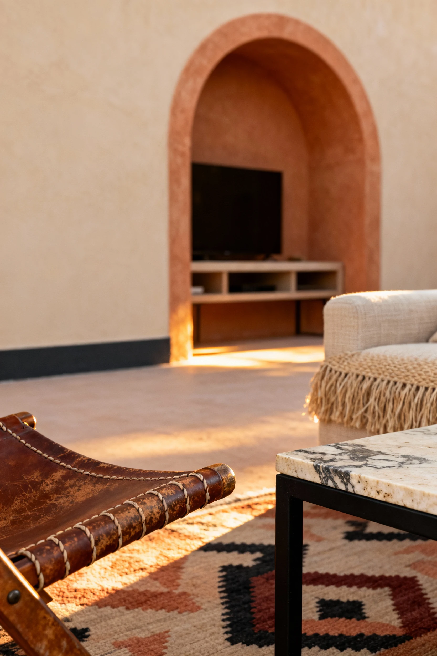 Closeup detail shot capturing textures in a desert clay modern living room: the terracotta arch softly out of focus behi