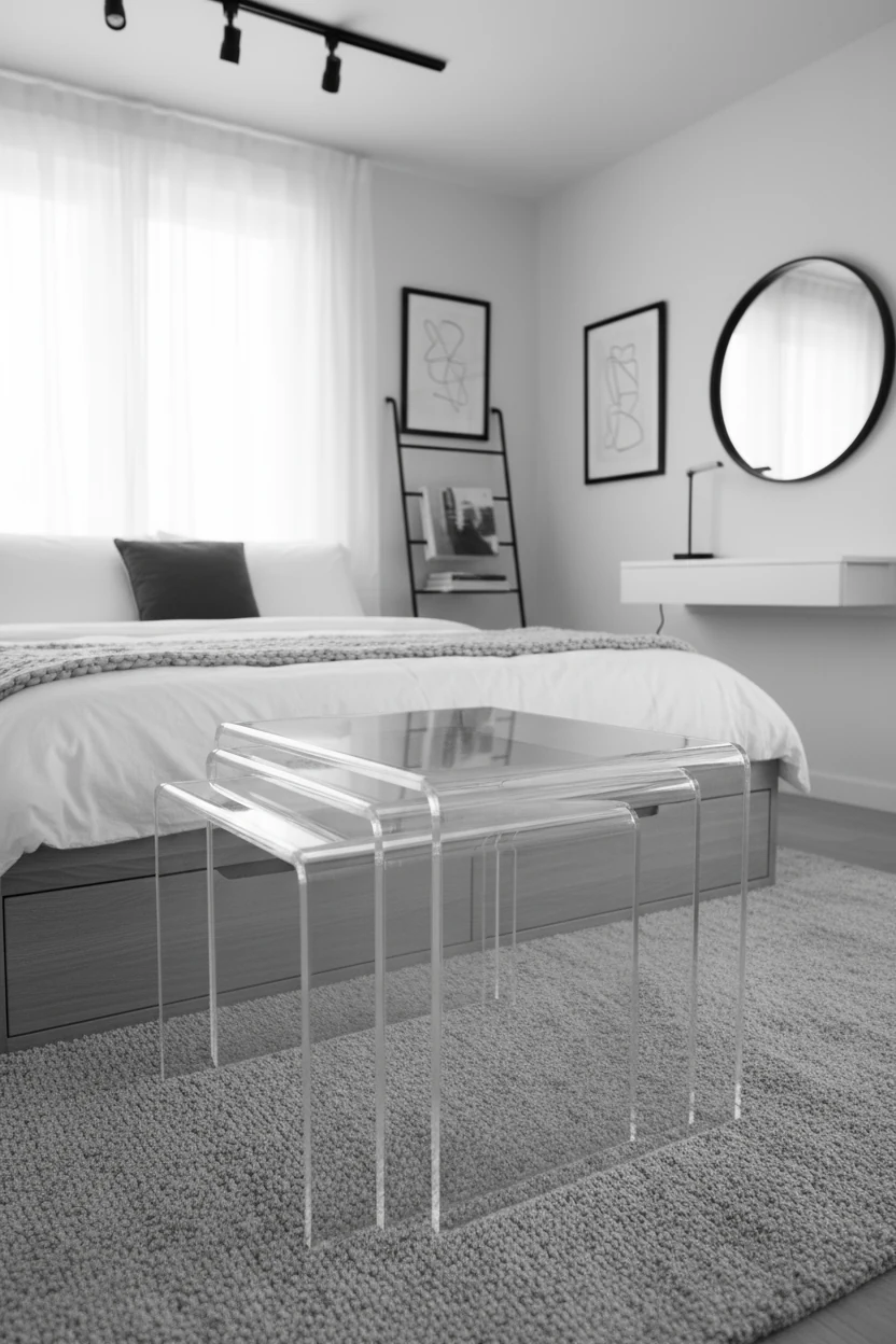 Photorealistic close-up detail of stacked acrylic nesting coffee tables on a light gray rug, emphasizing crisp reflectio