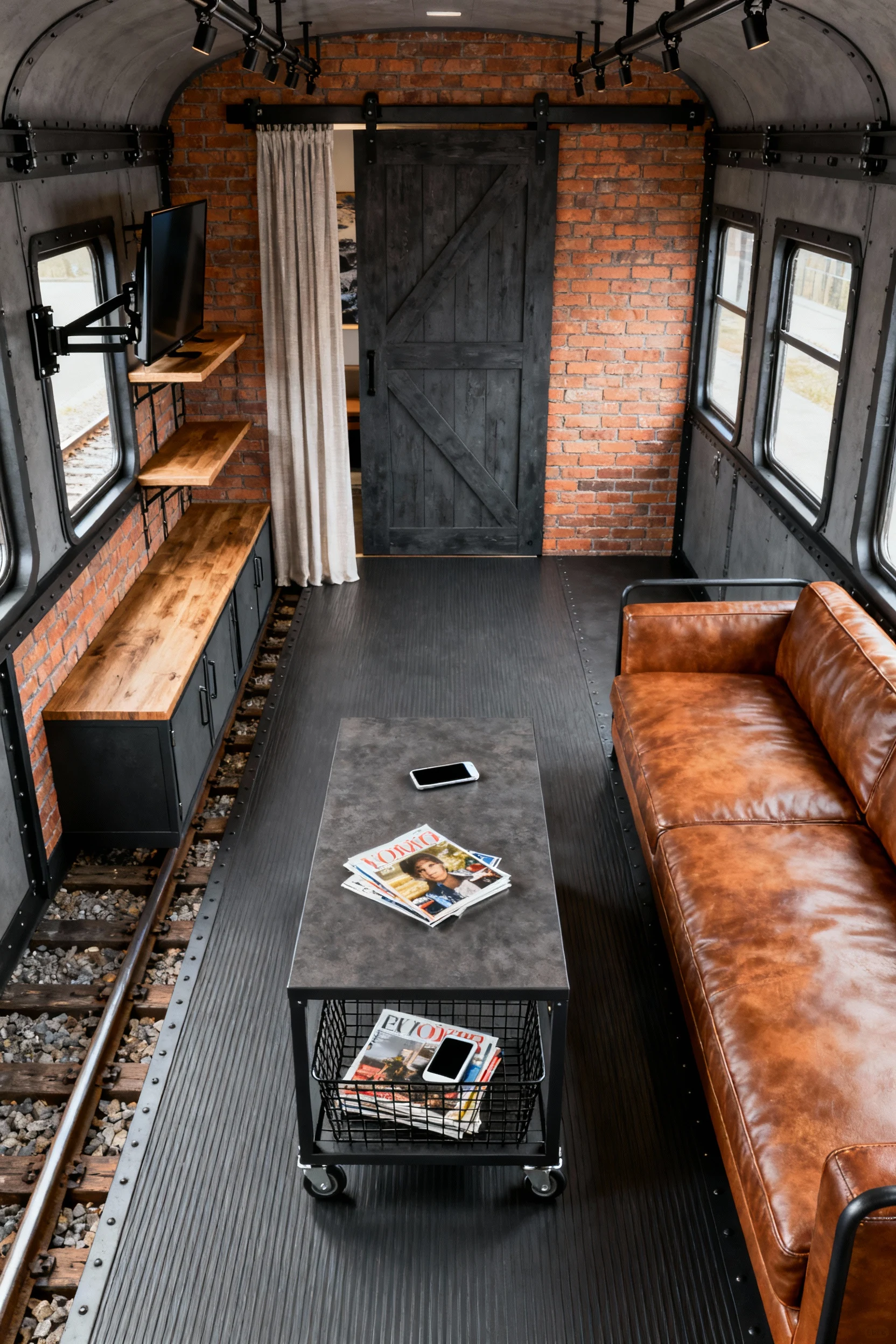 Overhead detail photorealistic shot centered on a rolling coffee table in a long, narrow industrial railcar lounge: char