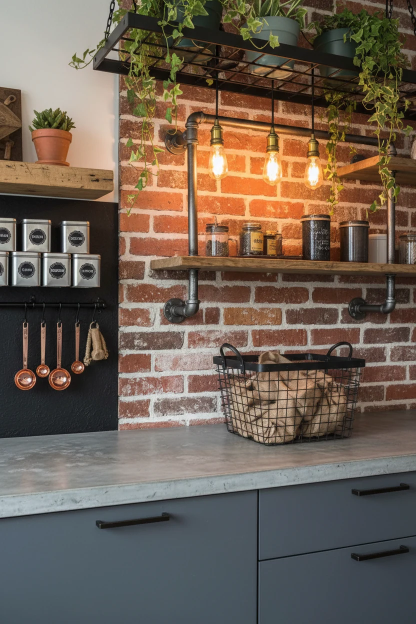 Photorealistic detailed close-up, industrial micro-loft textures: steel pipe shelving against a brick-look peel-and-stic