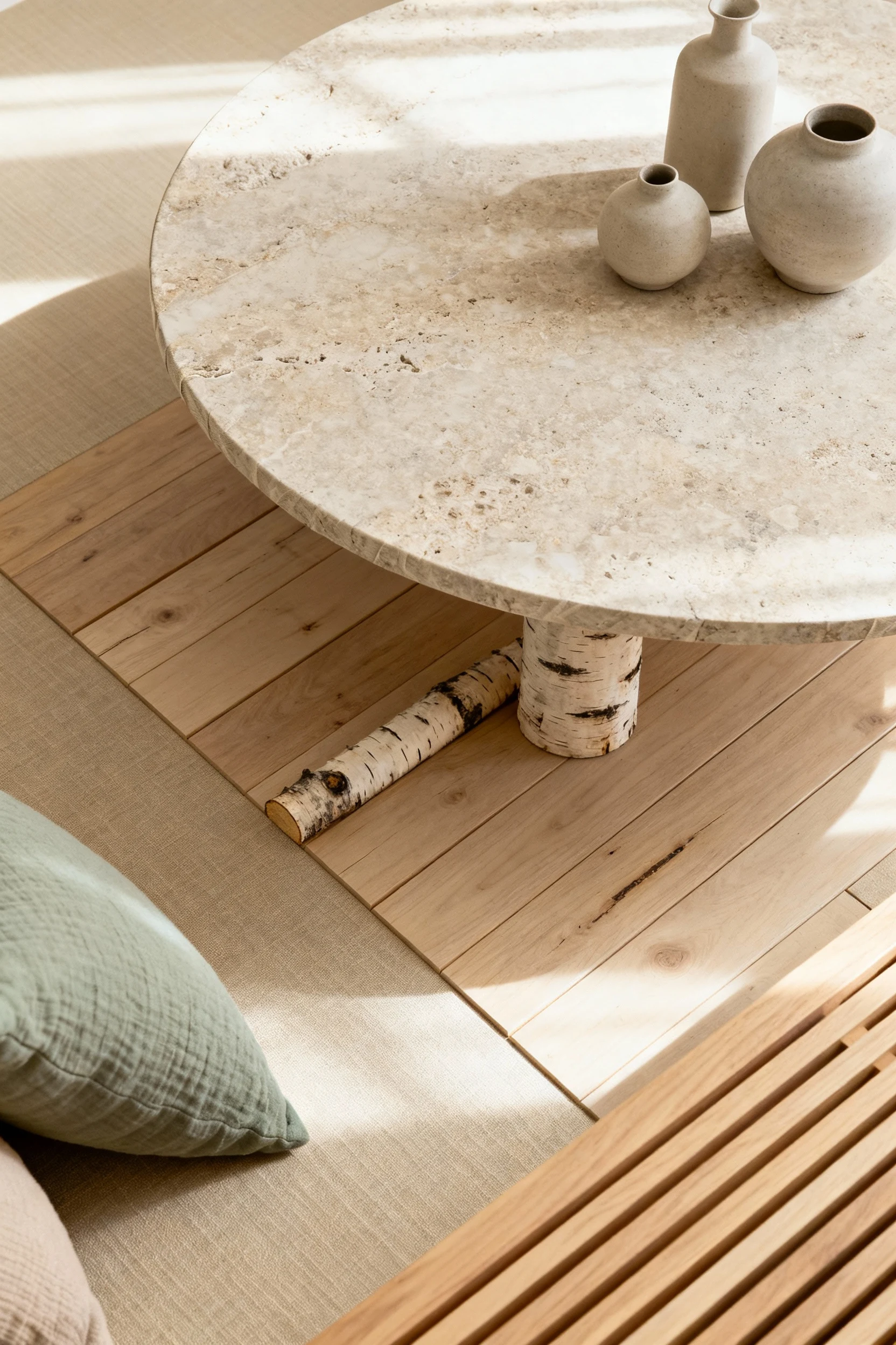 Photorealistic overhead detail shot, Japandi Sand & Sage Sanctuary: travertine-style peel-and-stick wrap on a rounded st