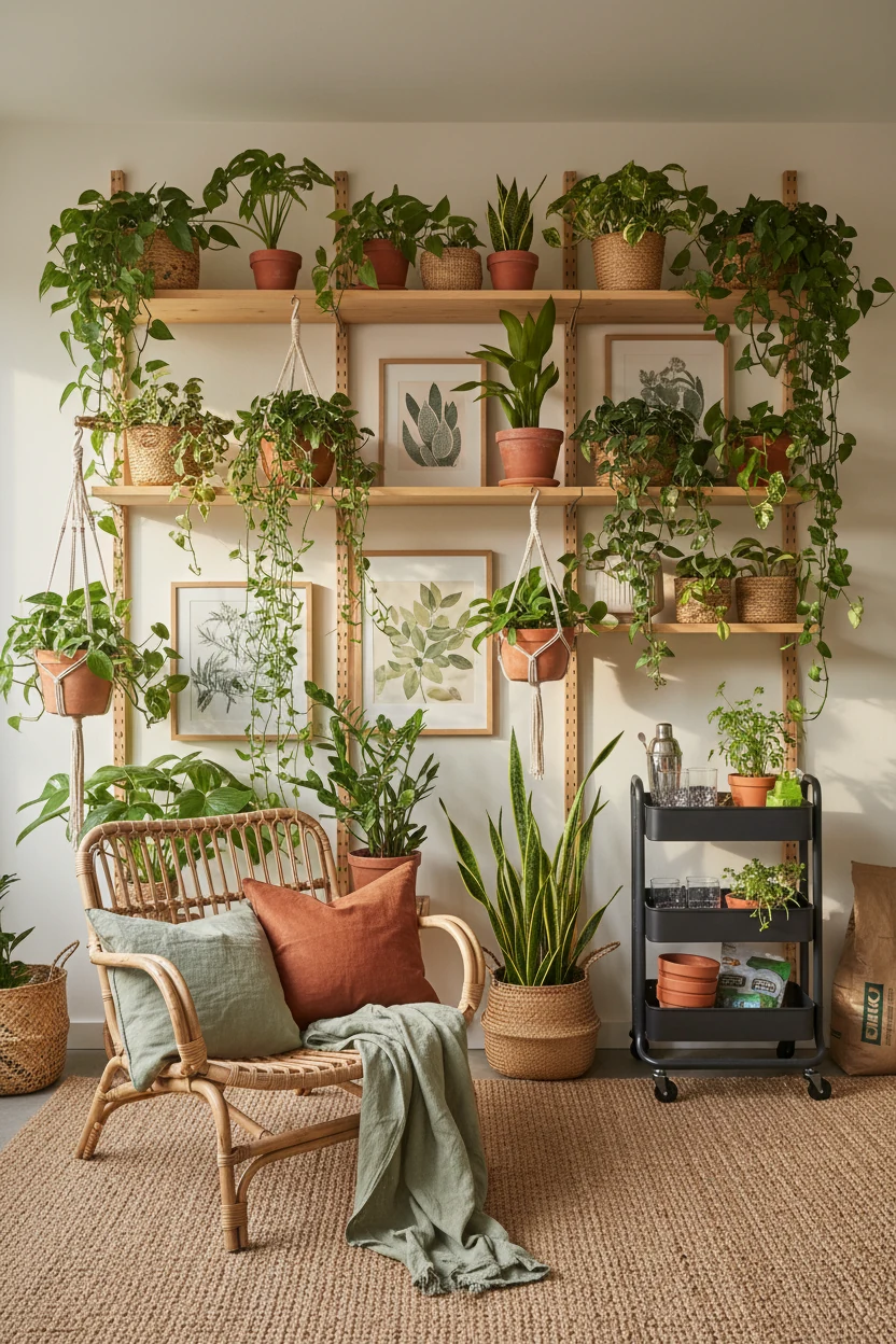 Photorealistic medium, sunlit wall vignette of a boho plant jungle: SVALNÄS bamboo shelving configured as a vertical gar