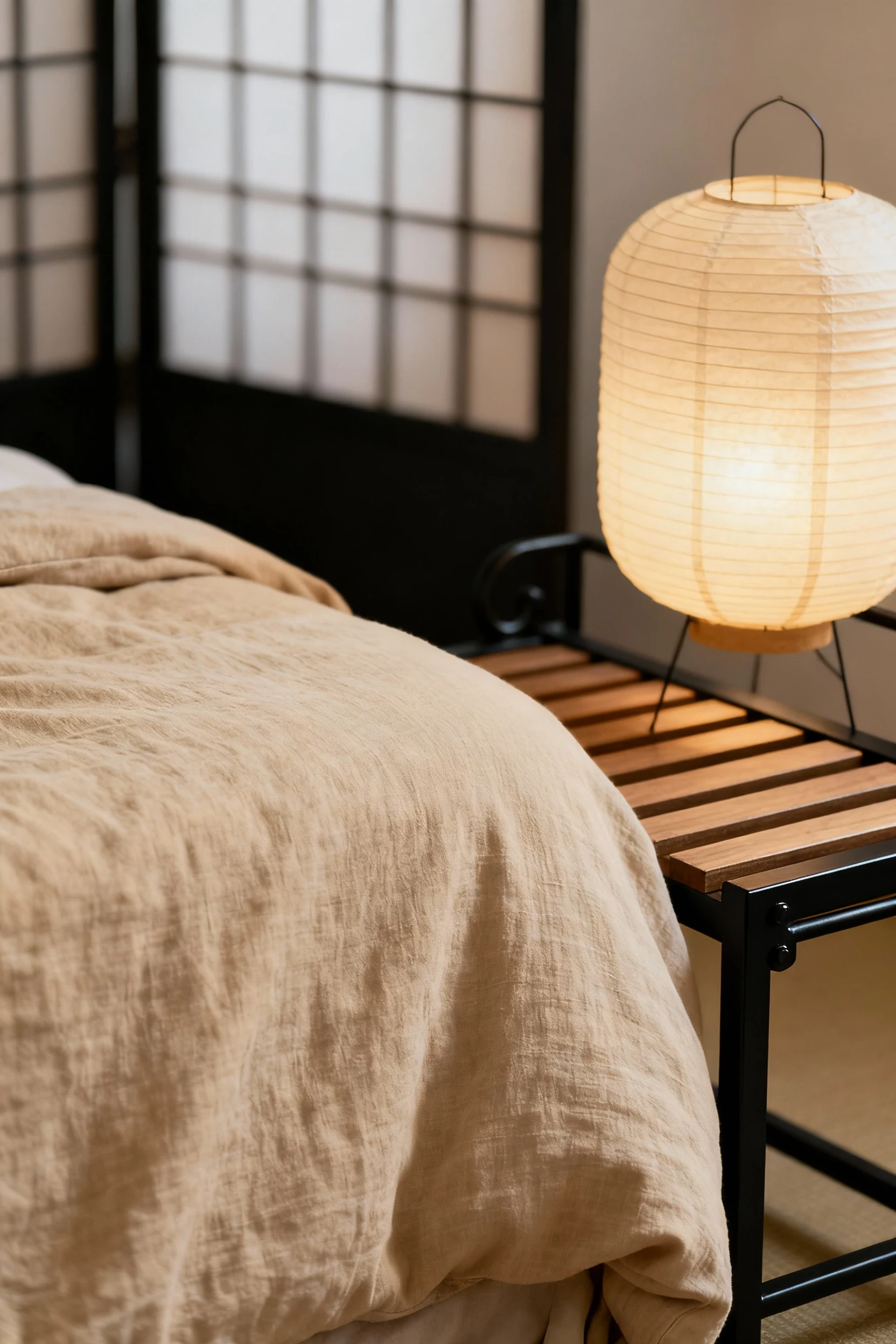 3. Closeup detail photorealistic view of a Japandi calm corner: warm beige linen bedding softly illuminated by a paper l