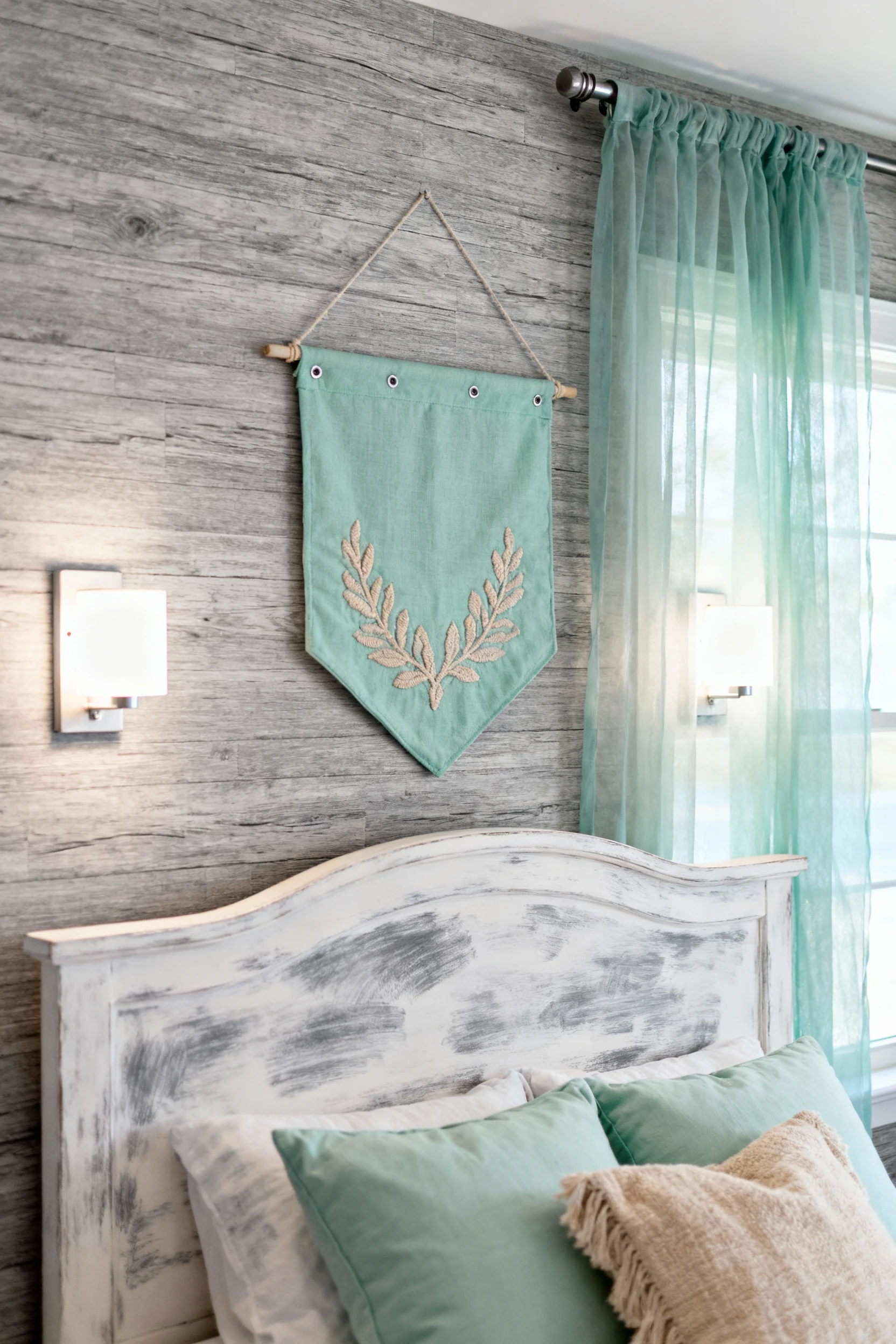 Photorealistic close-up detail of a coastal bedroom wall: peel-and-stick grasscloth wallpaper texture behind a chalky wh