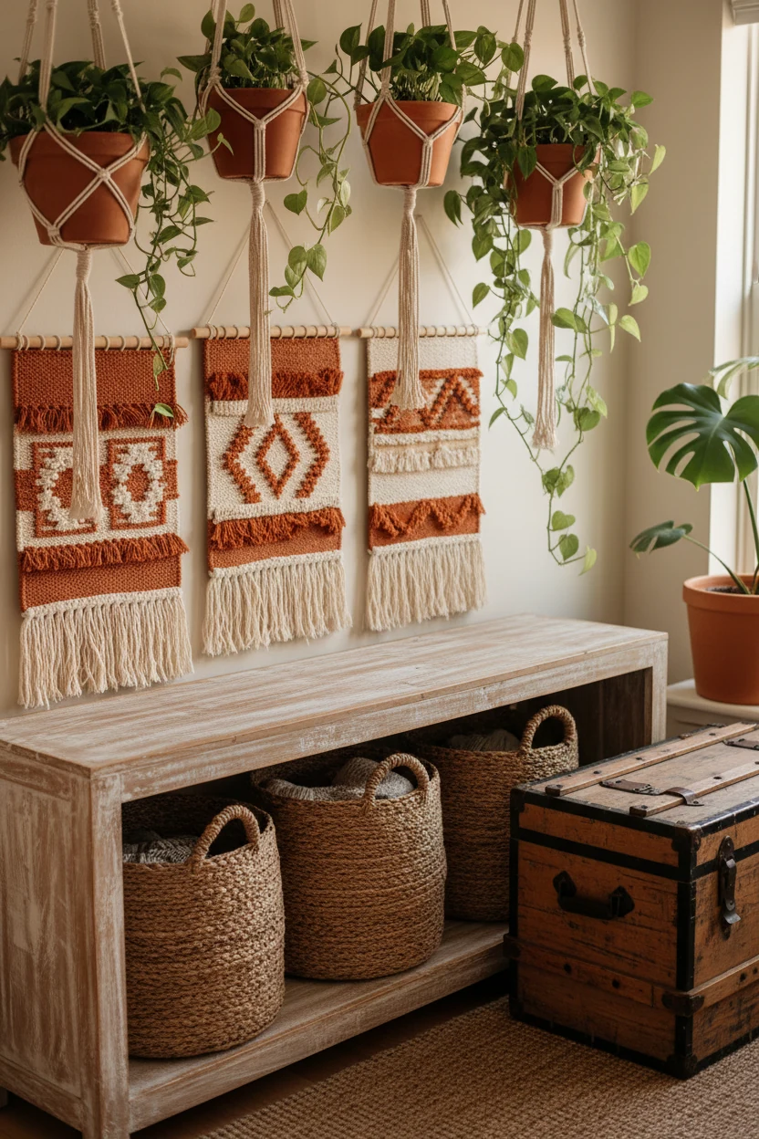 Close-up of a bohemian storage console topped with woven wall hangings in earthy terracotta, burnt orange and creamy bei